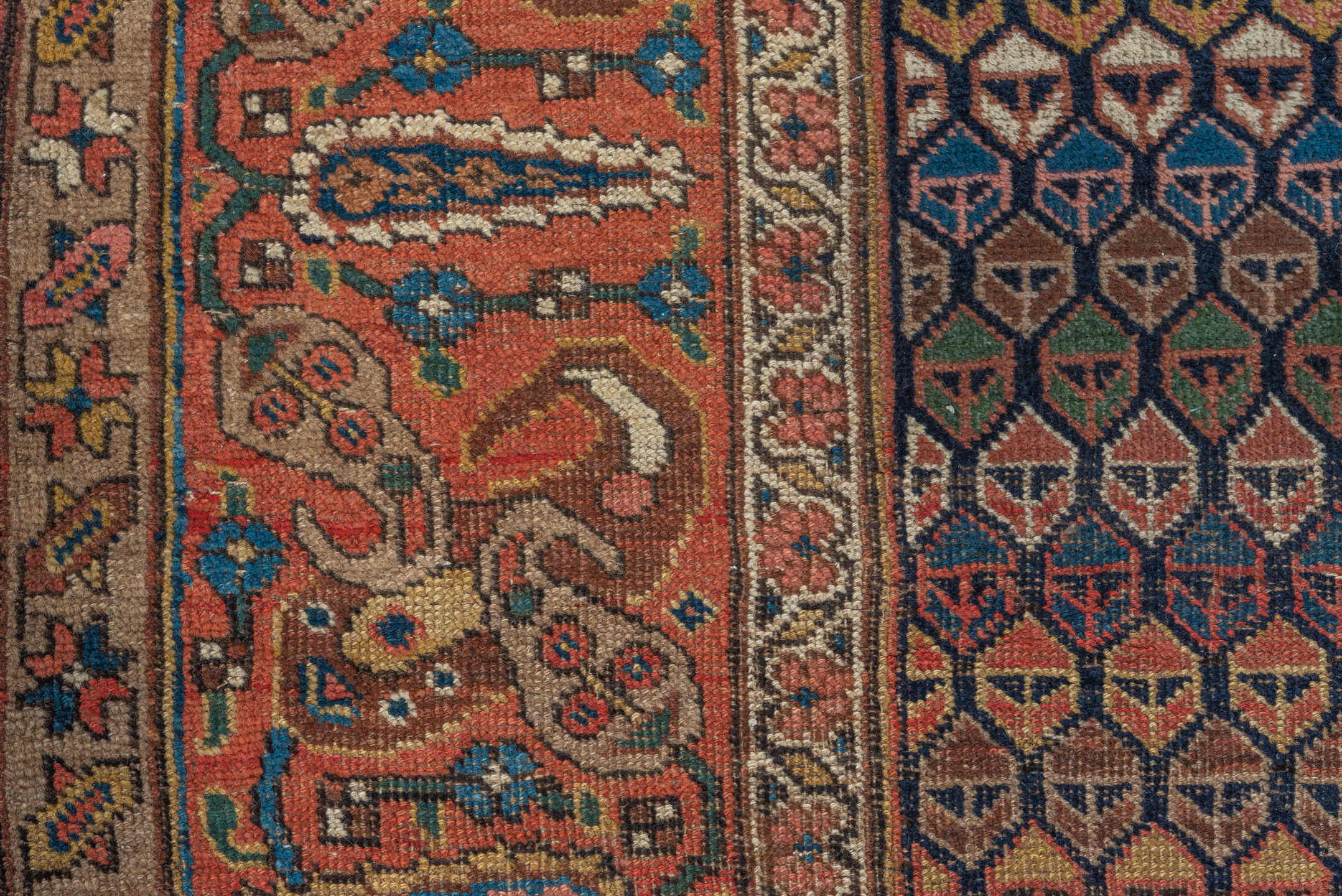 3' x 14' one-of-a-kind handmade antique Bidjar runner rug. Color palette: rust, brown, indigo, ivory, camel, navy