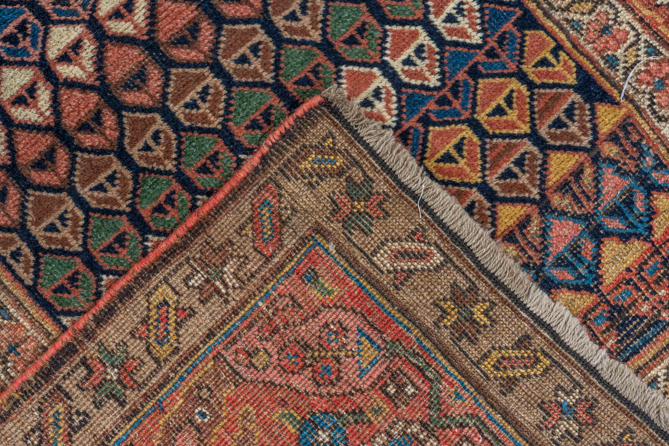 3' x 14' one-of-a-kind handmade antique Bidjar runner rug. Color palette: rust, brown, indigo, ivory, camel, navy