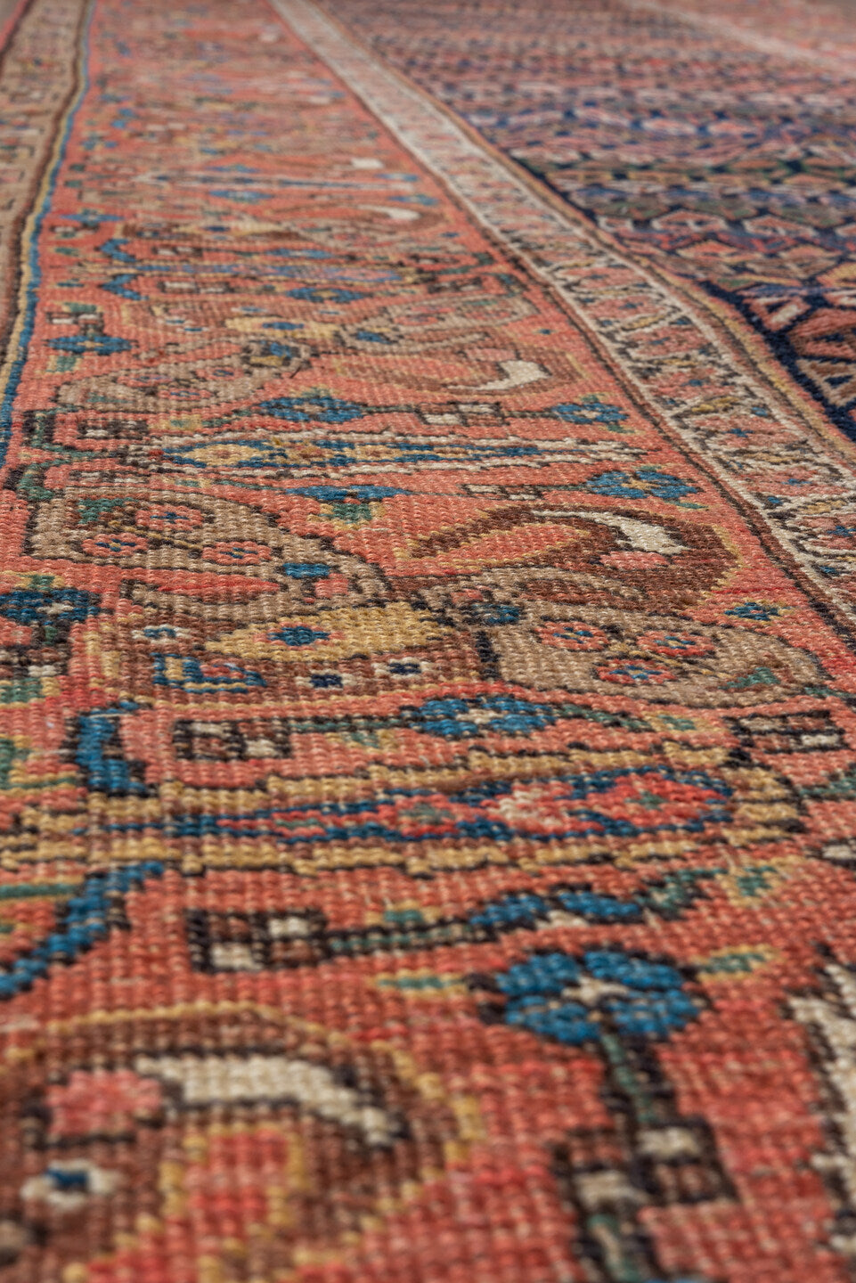 3' x 14' one-of-a-kind handmade vintage Bidjar runner rug. Color palette: blue, brown, gray, pink, red, redwood