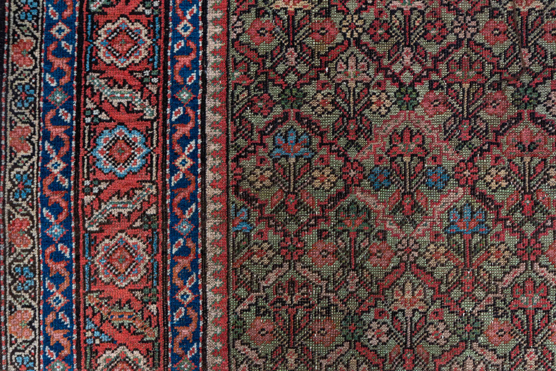 5' x 10' one-of-a-kind handmade vintage Mahal medium size rug. Color palette: brown, gray, pink, red