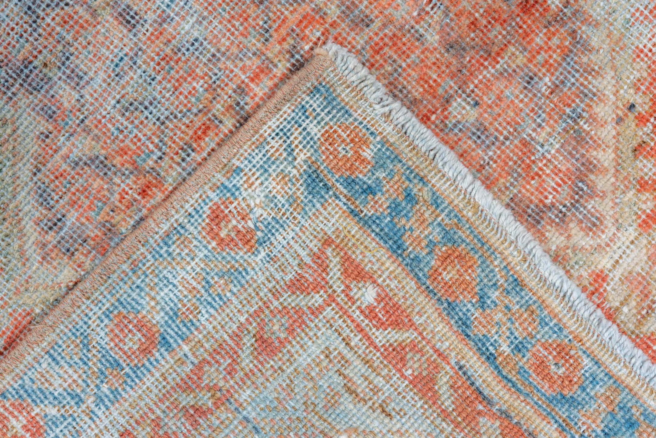 3' x 13' one-of-a-kind handmade vintage Mahal runner rug. Color palette: sky blue, ivory, coral, rust, peach, taupe