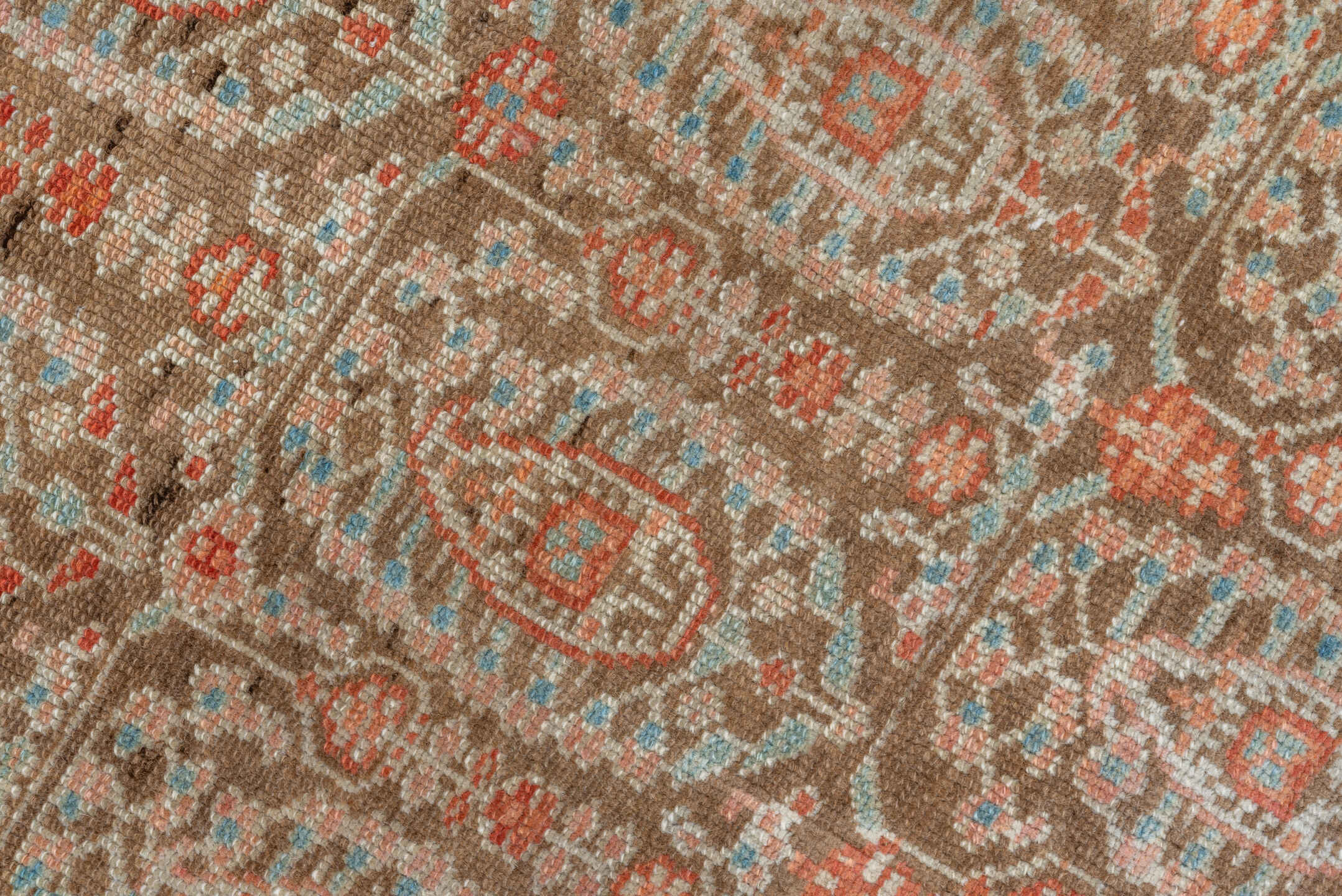 3' x 11' one-of-a-kind handmade vintage Malayer runner rug. Color palette: camel, ivory, sky blue, rust, terra cotta, brown