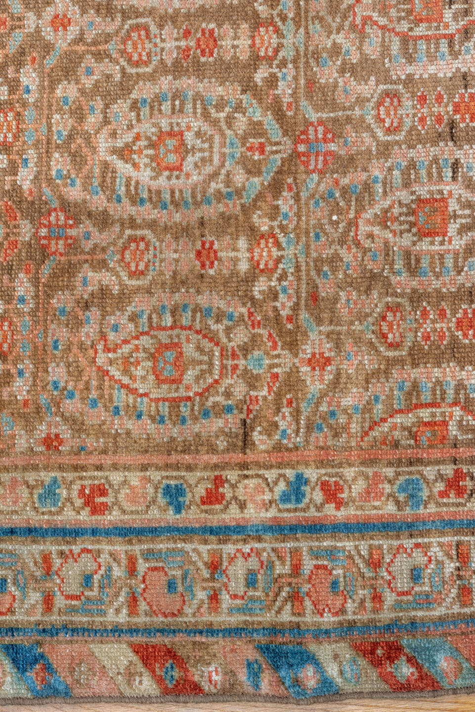 3' x 11' one-of-a-kind handmade vintage Malayer runner rug. Color palette: camel, ivory, sky blue, rust, terra cotta, brown