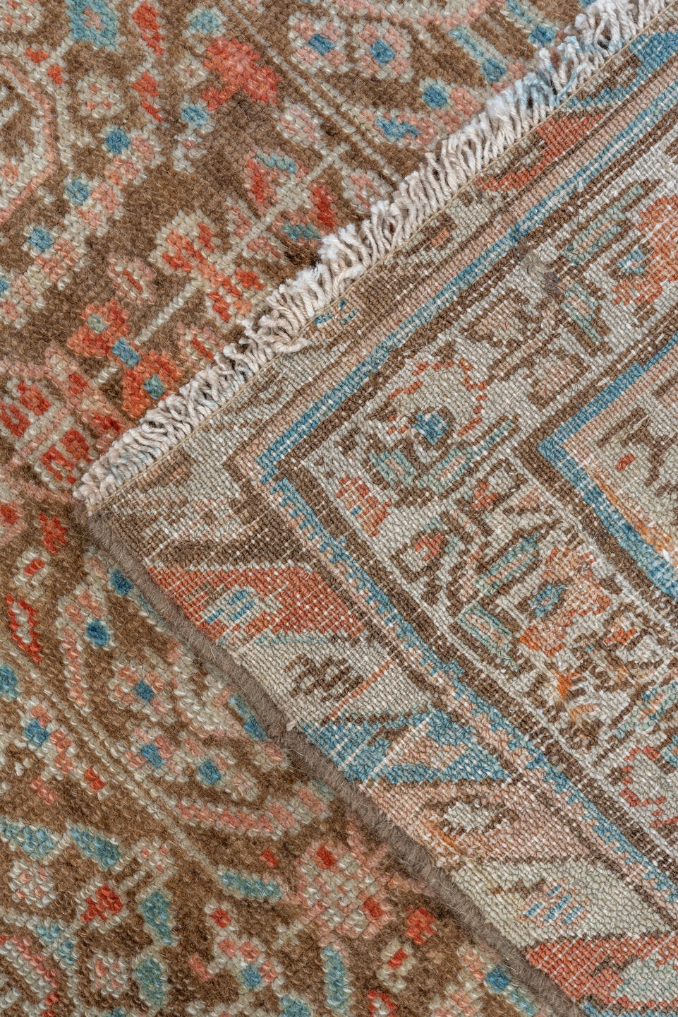 3' x 11' one-of-a-kind handmade vintage Malayer runner rug. Color palette: camel, ivory, sky blue, rust, terra cotta, brown