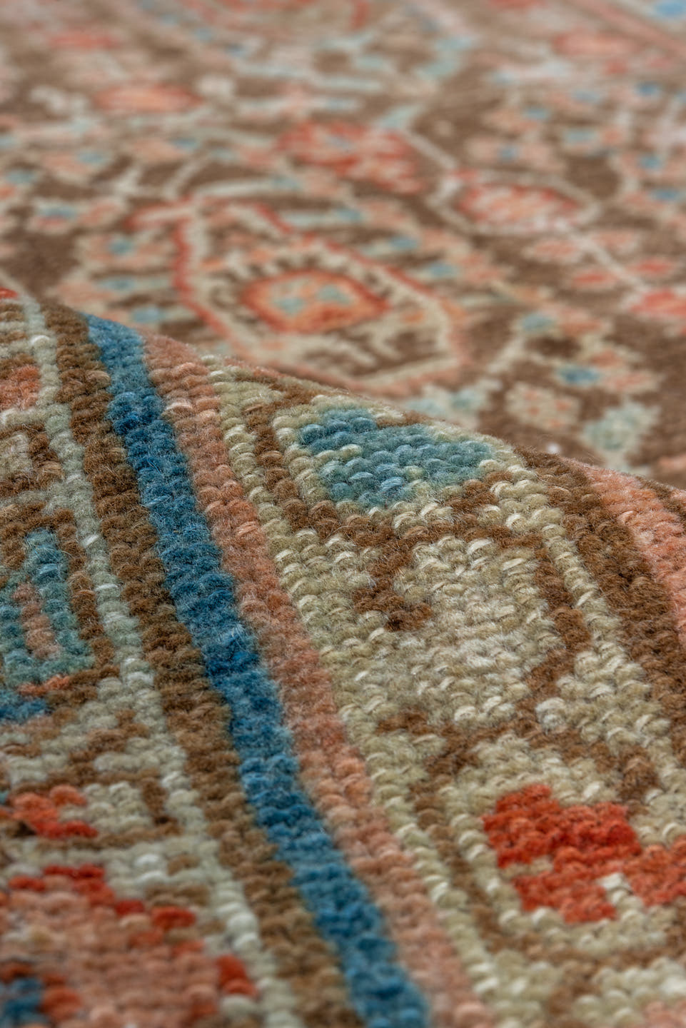 3' x 11' one-of-a-kind handmade vintage Malayer runner rug. Color palette: camel, ivory, sky blue, rust, terra cotta, brown