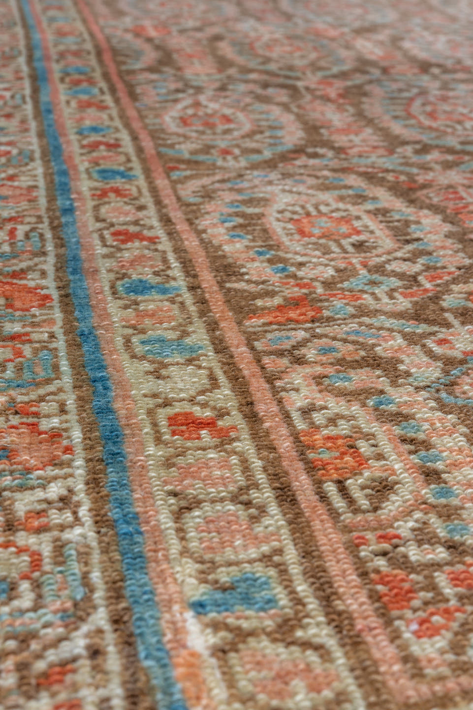 3' x 11' one-of-a-kind handmade vintage Malayer runner rug. Color palette: camel, ivory, sky blue, rust, terra cotta, brown