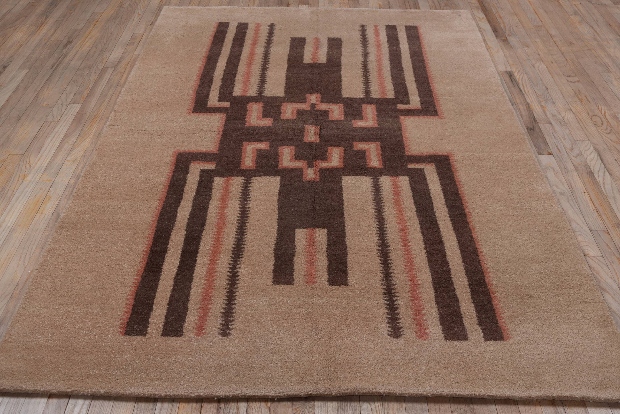 5' x 8' one-of-a-kind handmade vintage Art Deco medium size rug. Color palette: camel, chocolate_brown, rose, ivory, taupe