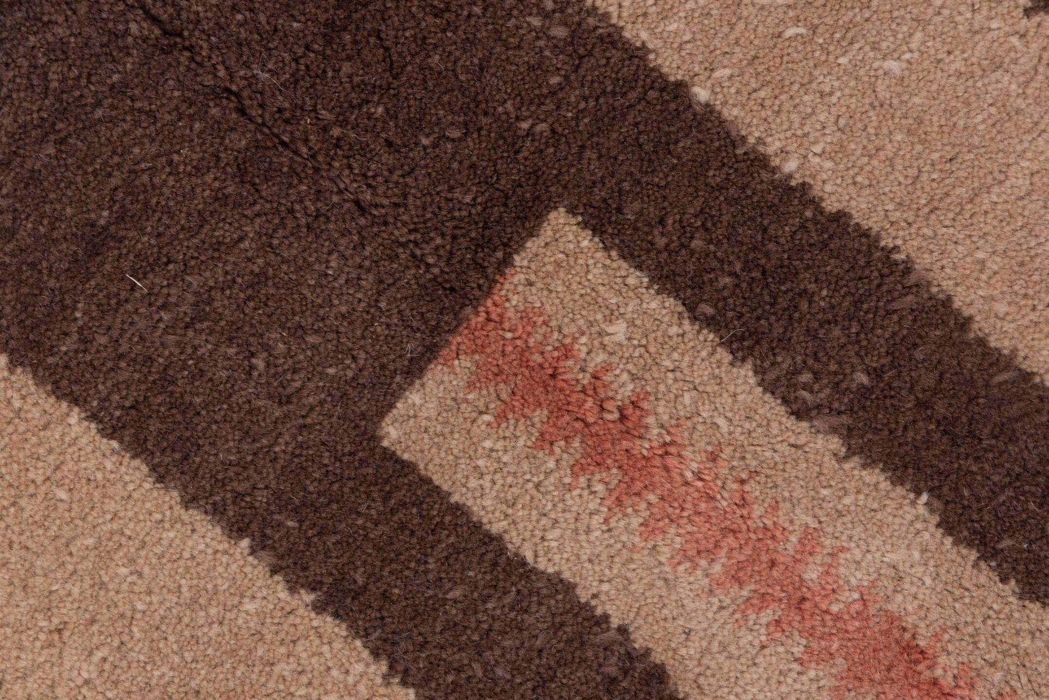 5' x 8' one-of-a-kind handmade vintage Art Deco medium size rug. Color palette: camel, chocolate_brown, rose, ivory, taupe