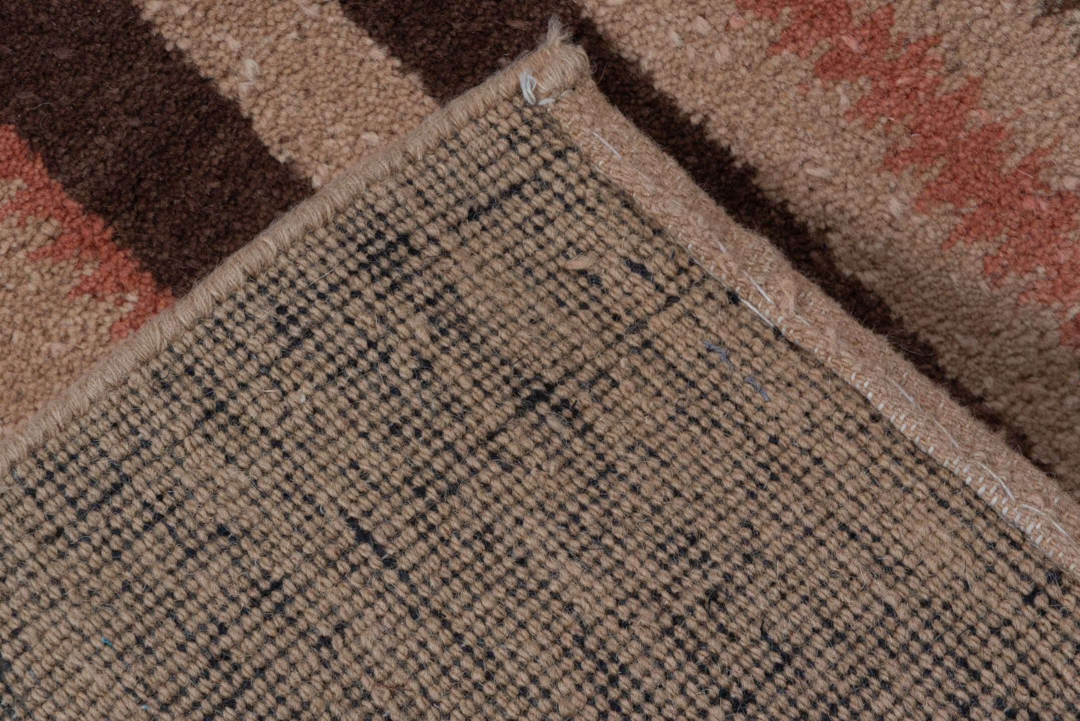 5' x 8' one-of-a-kind handmade vintage Art Deco medium size rug. Color palette: camel, chocolate_brown, rose, ivory, taupe
