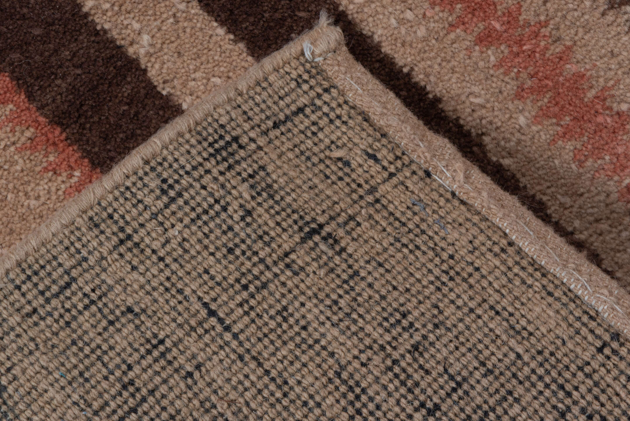 5' x 8' one-of-a-kind handmade vintage Art Deco medium size rug. Color palette: camel, chocolate_brown, rose, ivory, taupe