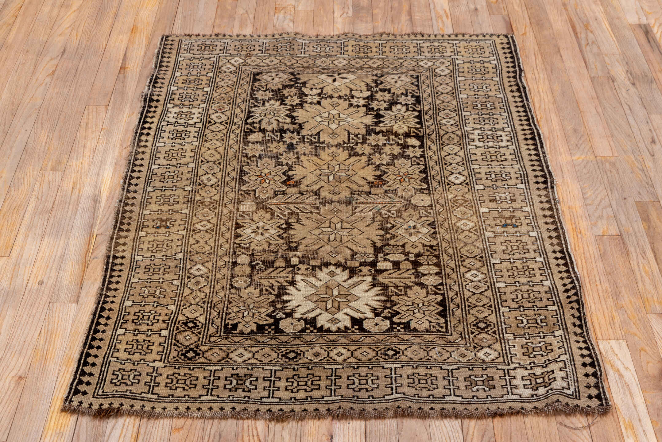 3' x 4' one-of-a-kind handmade vintage Shirvan small size rug. Color palette: taupe, brown, ivory, camel, charcoal, rust