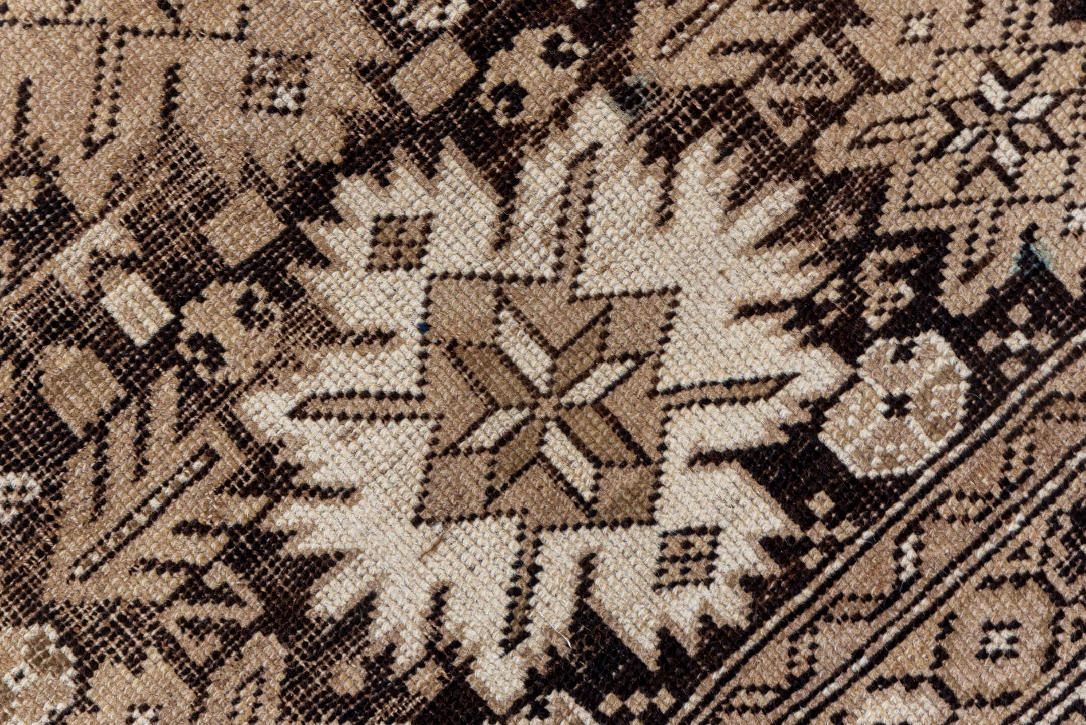 3' x 4' one-of-a-kind handmade vintage Shirvan small size rug. Color palette: taupe, brown, ivory, camel, charcoal, rust