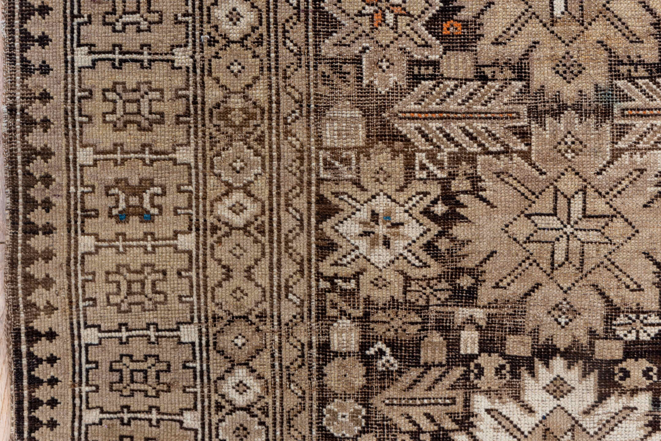 3' x 4' one-of-a-kind handmade vintage Shirvan small size rug. Color palette: taupe, brown, ivory, camel, charcoal, rust