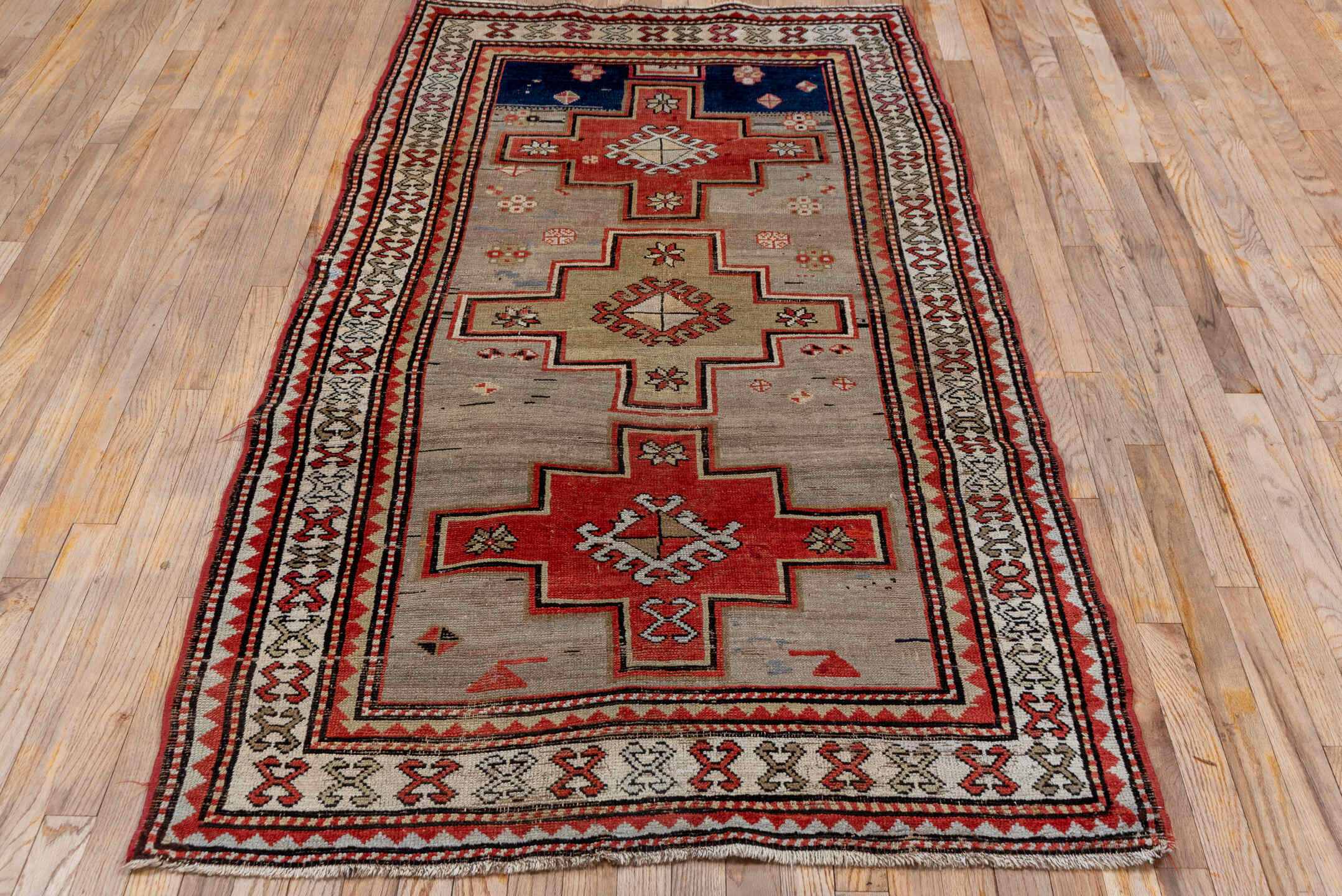 3' x 7' one-of-a-kind handmade vintage Shirvan runner rug. Color palette: taupe, rust, ivory, indigo, crimson, charcoal