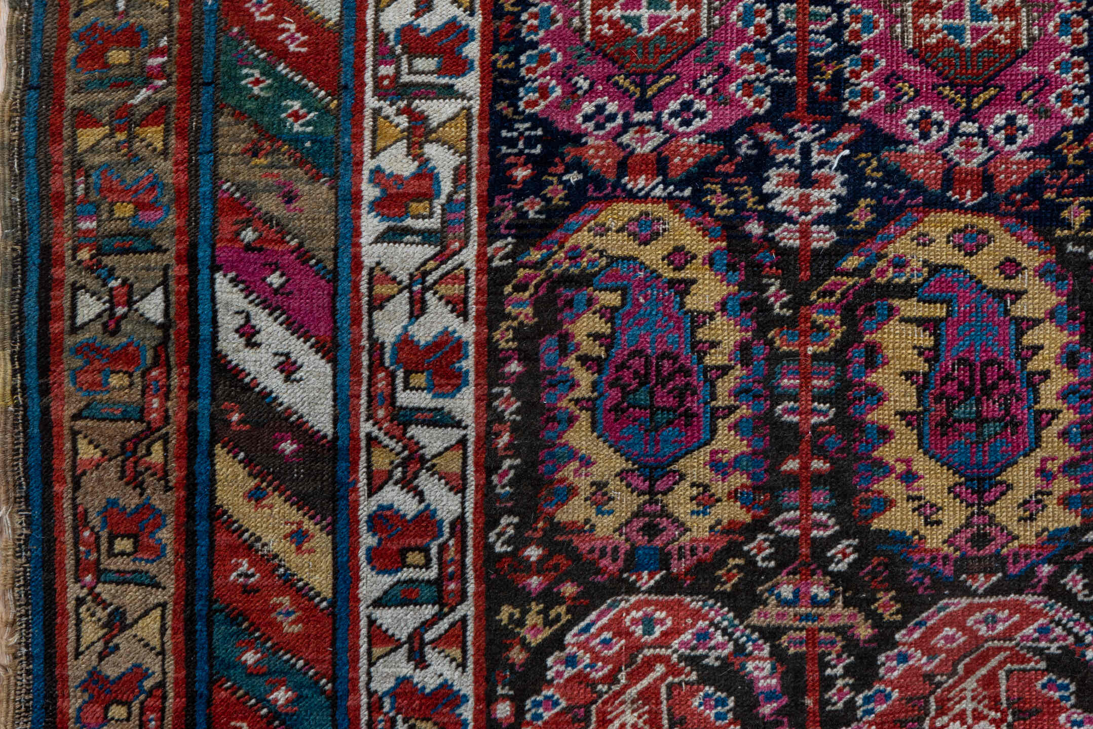 3' x 10' one-of-a-kind handmade vintage Shirvan runner rug. Color palette: black, blue, brown, fiord, gray, light gray