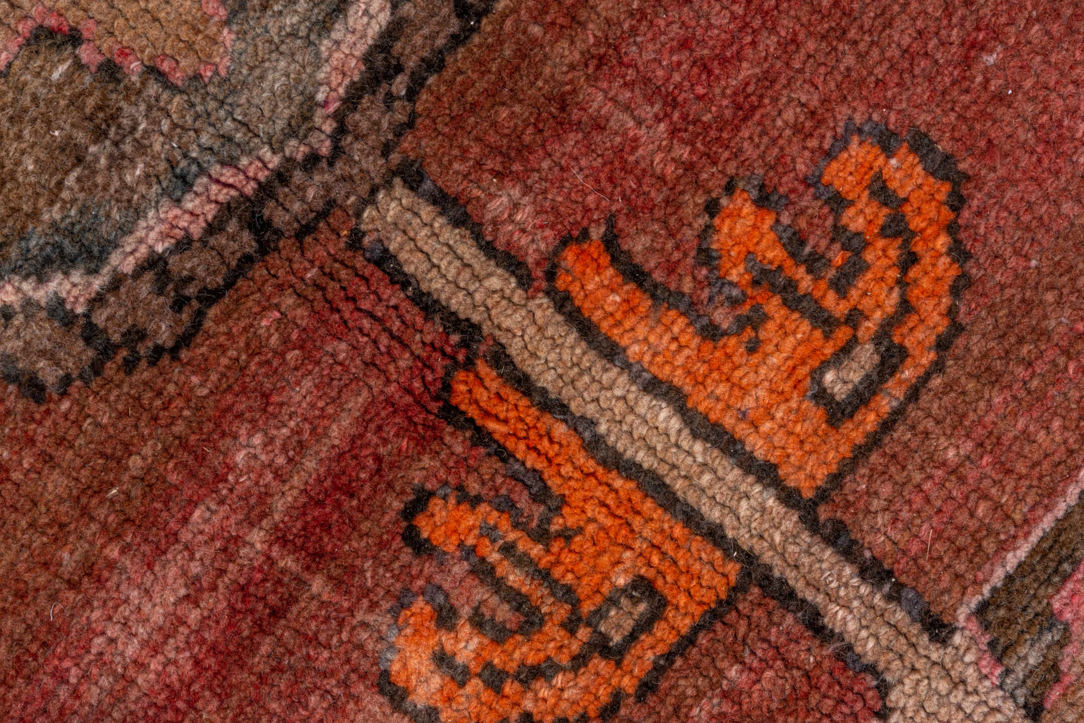 7' x 11' one-of-a-kind handmade vintage Kars large size rug. Color palette: rose, terra cotta, taupe, slate, ivory, rust