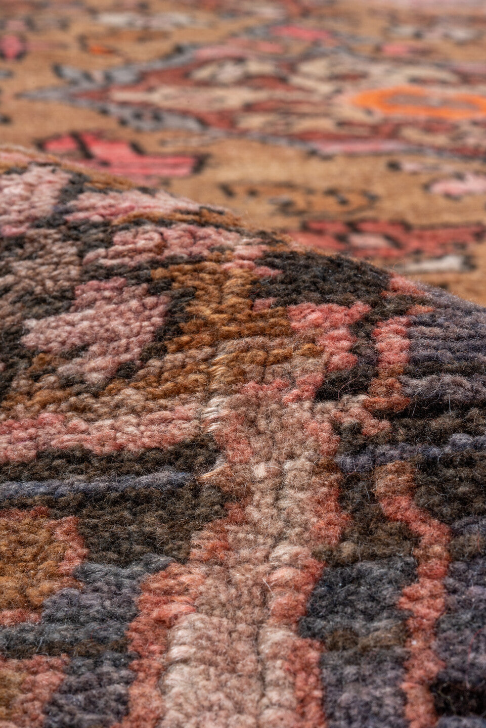7' x 11' one-of-a-kind handmade vintage Kars large size rug. Color palette: brown, gray, pink, red, redwood