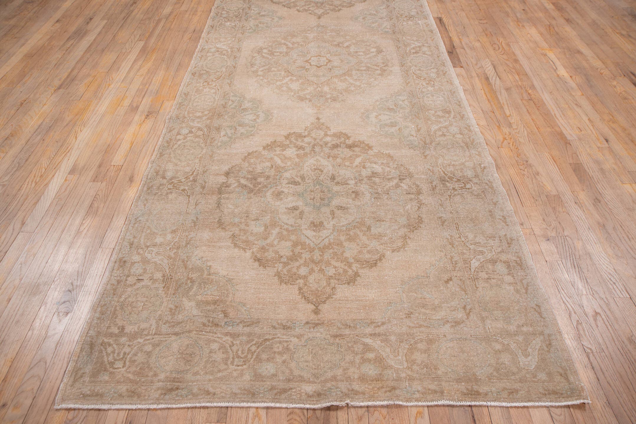 5' x 13' one-of-a-kind handmade vintage Oushak rug. Color palette: blush, beige, taupe, ivory, sage, sand, pink, gray, green