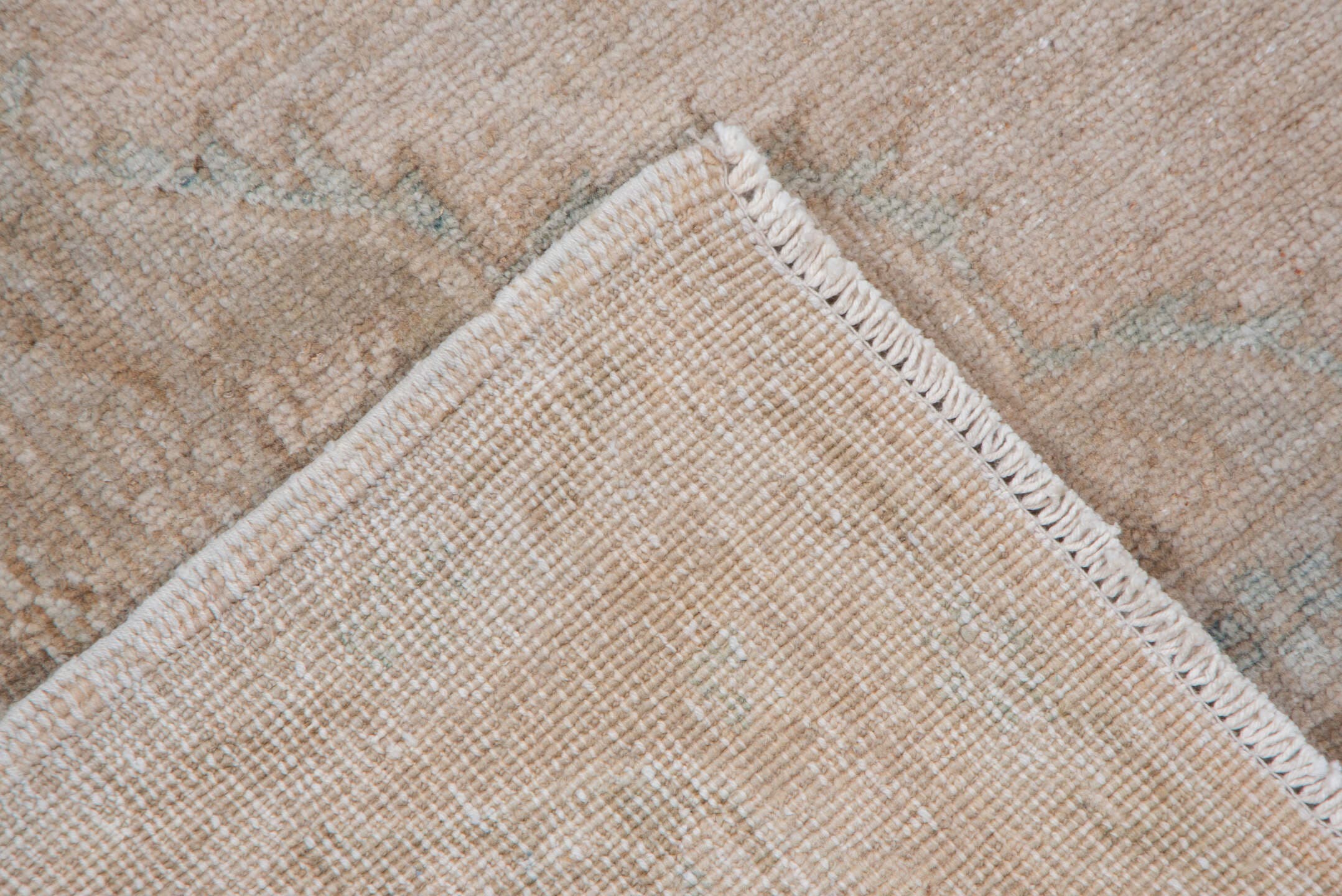 5' x 13' one-of-a-kind handmade vintage Oushak rug. Color palette: blush, beige, taupe, ivory, sage, sand, pink, gray, green