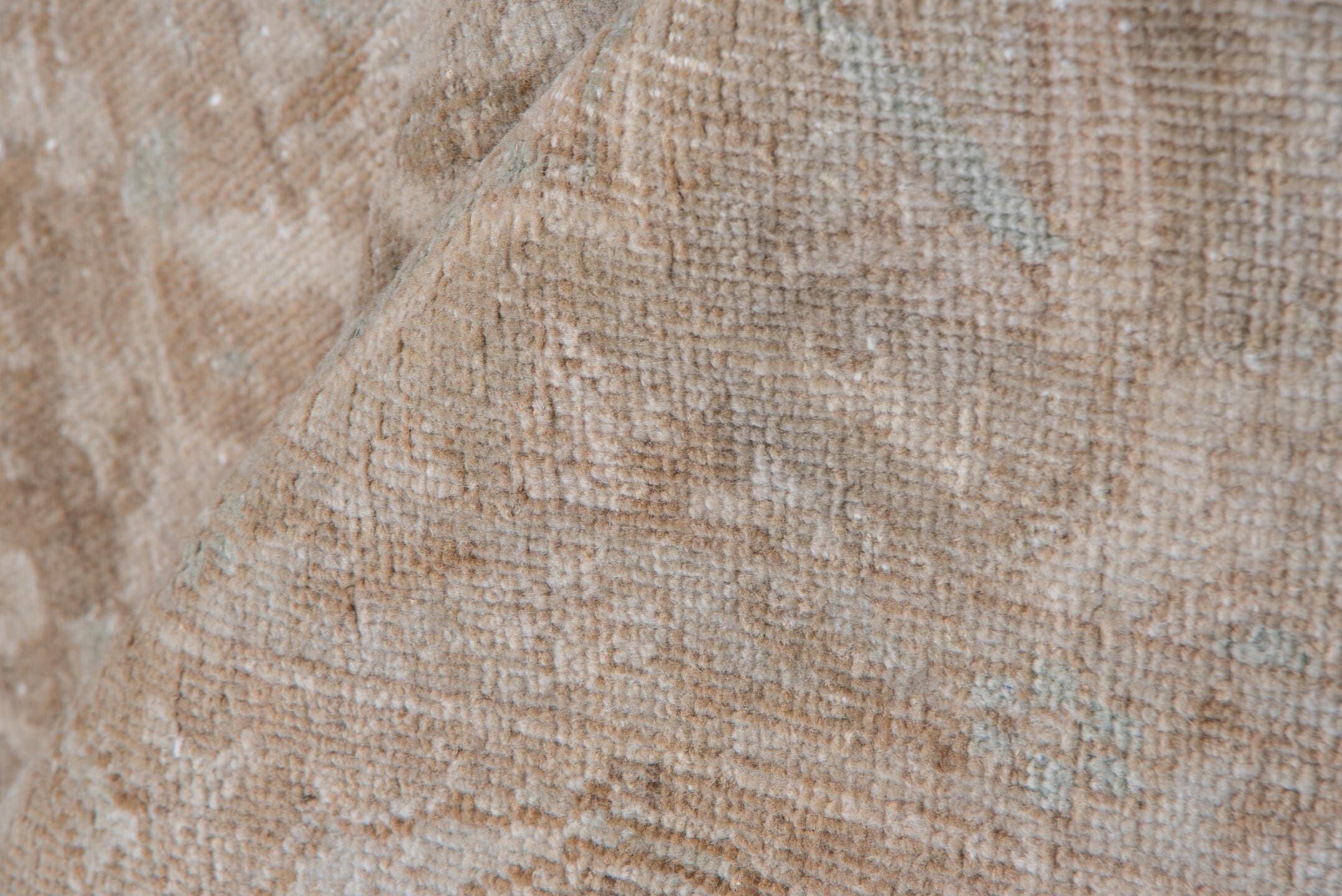 5' x 13' one-of-a-kind handmade vintage Oushak rug. Color palette: blush, beige, taupe, ivory, sage, sand, pink, gray, green