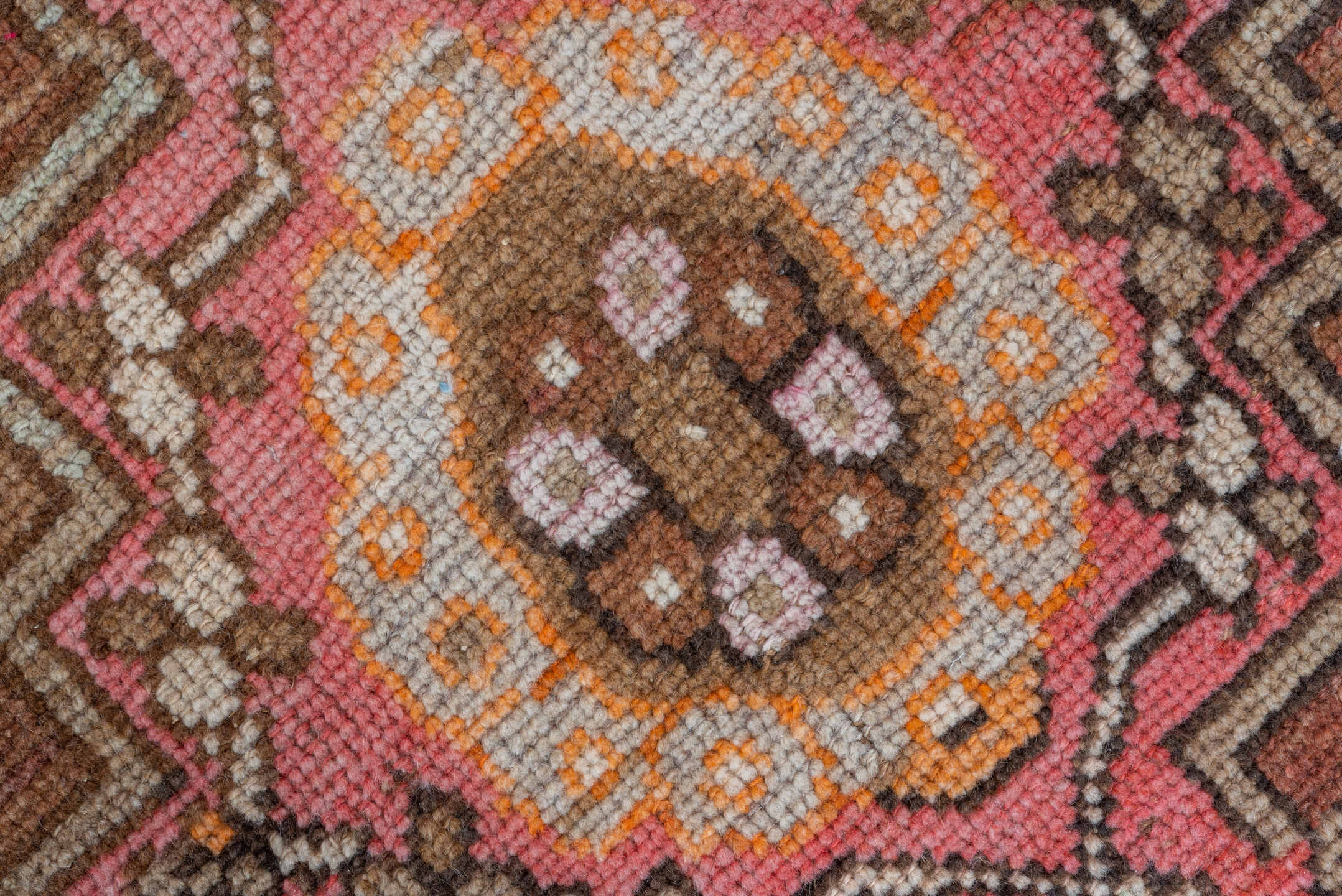 5' x 12' one-of-a-kind handmade vintage Kars runner rug. Color palette: rust, terra cotta, ivory, orange, taupe, gold, rose
