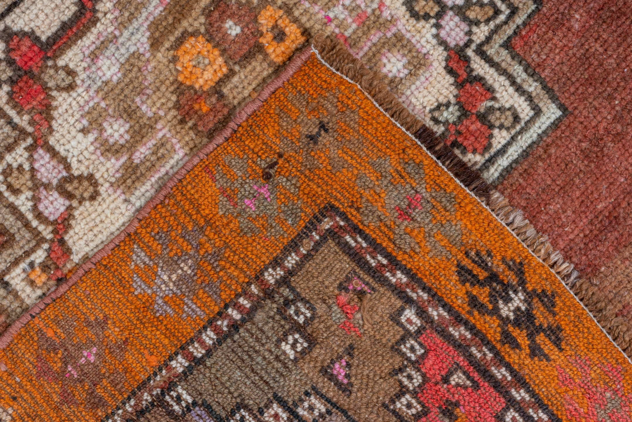 5' x 12' one-of-a-kind handmade vintage Kars runner rug. Color palette: rust, terra cotta, ivory, orange, taupe, gold, rose