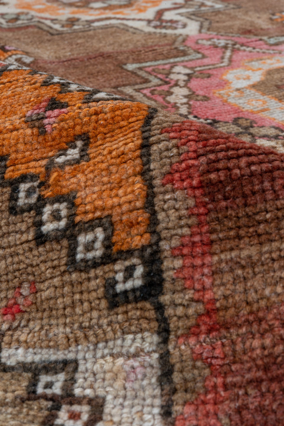 5' x 12' one-of-a-kind handmade vintage Kars runner rug. Color palette: rust, terra cotta, ivory, orange, taupe, gold, rose