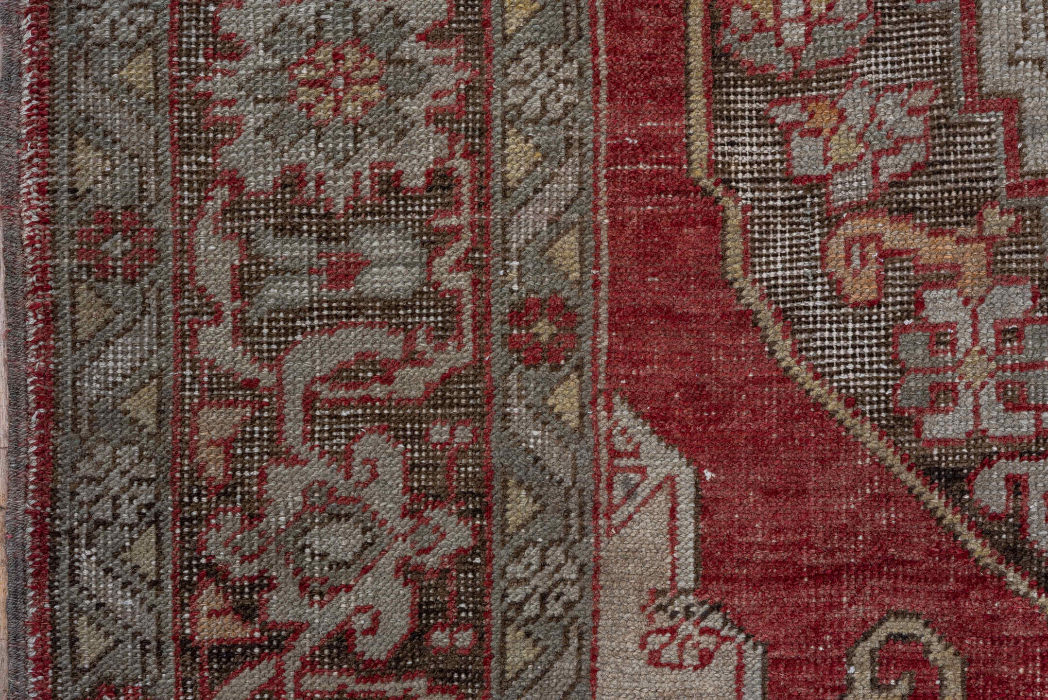 5' x 8' one-of-a-kind handmade vintage Oushak medium size rug. Color palette: red, ivory, taupe, rose, brown, sage, beige