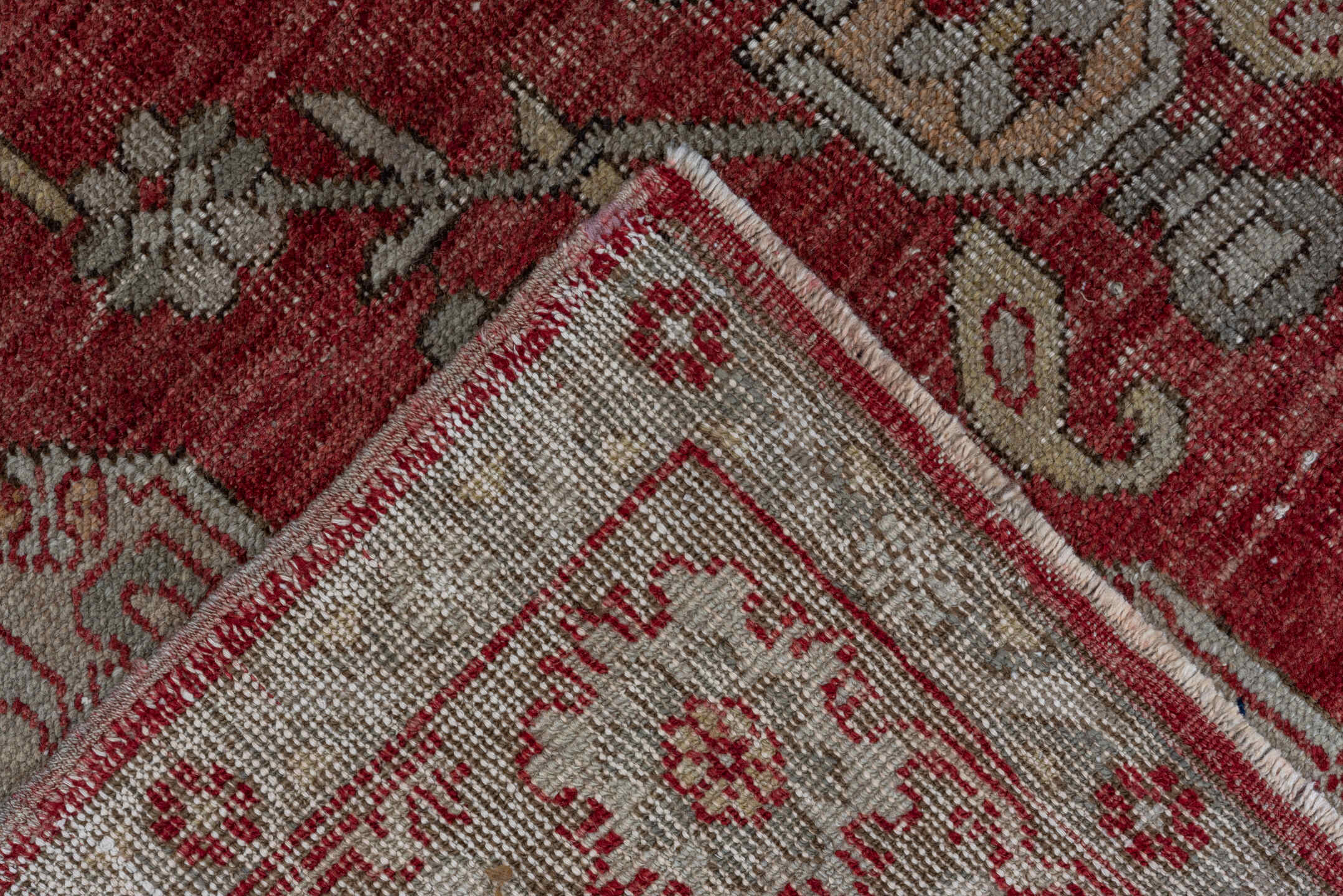 5' x 8' one-of-a-kind handmade vintage Oushak medium size rug. Color palette: red, ivory, taupe, rose, brown, sage, beige