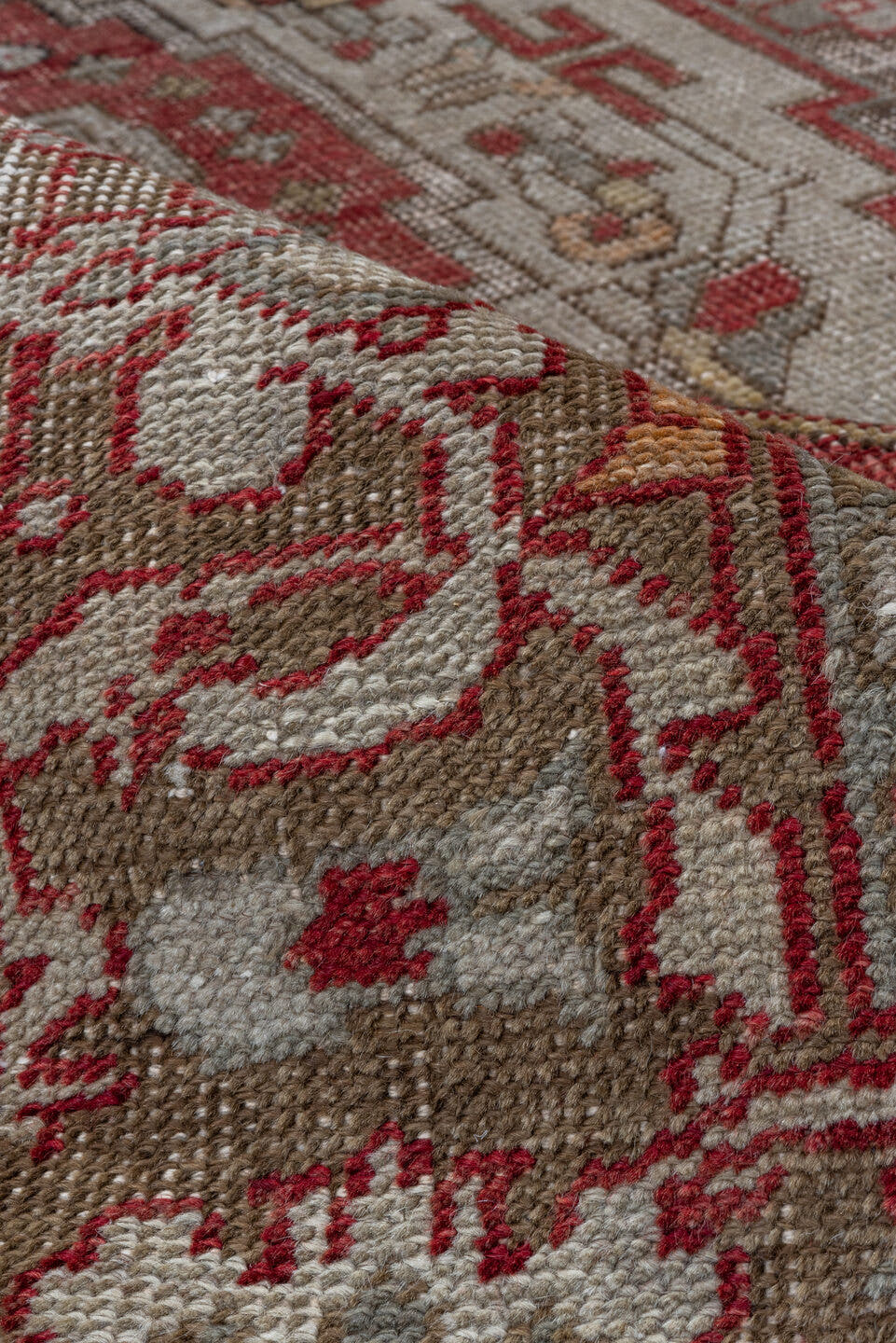 5' x 8' one-of-a-kind handmade vintage Oushak medium size rug. Color palette: red, ivory, taupe, rose, brown, sage, beige