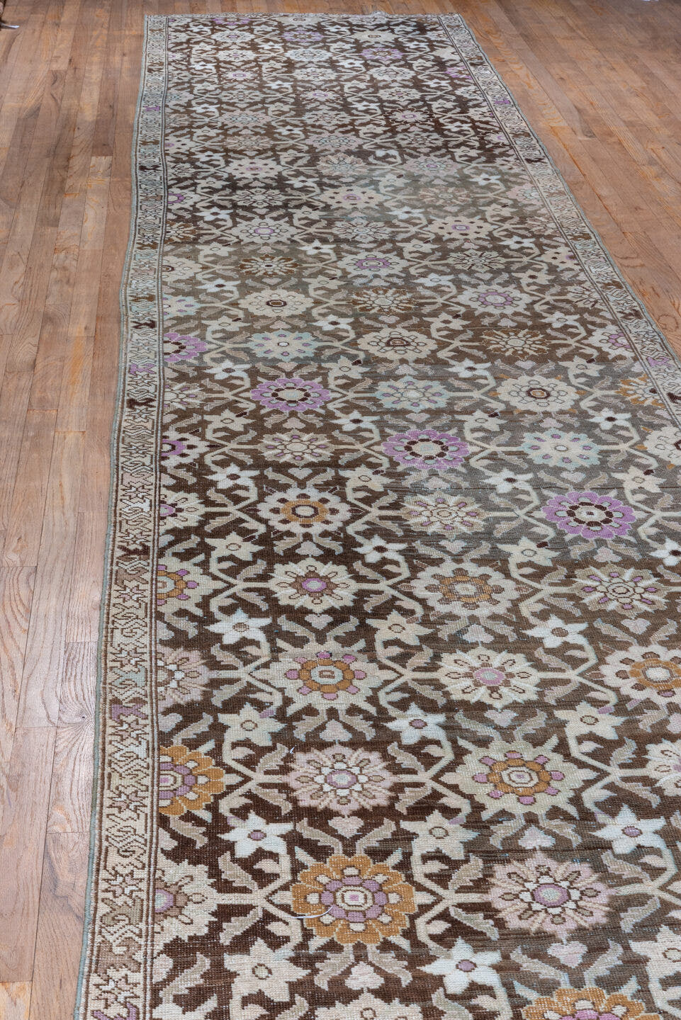 3' x 18' one-of-a-kind handmade vintage Karabagh runner rug. Color palette: ivory, brown, taupe, rose, lavender, gold, beige