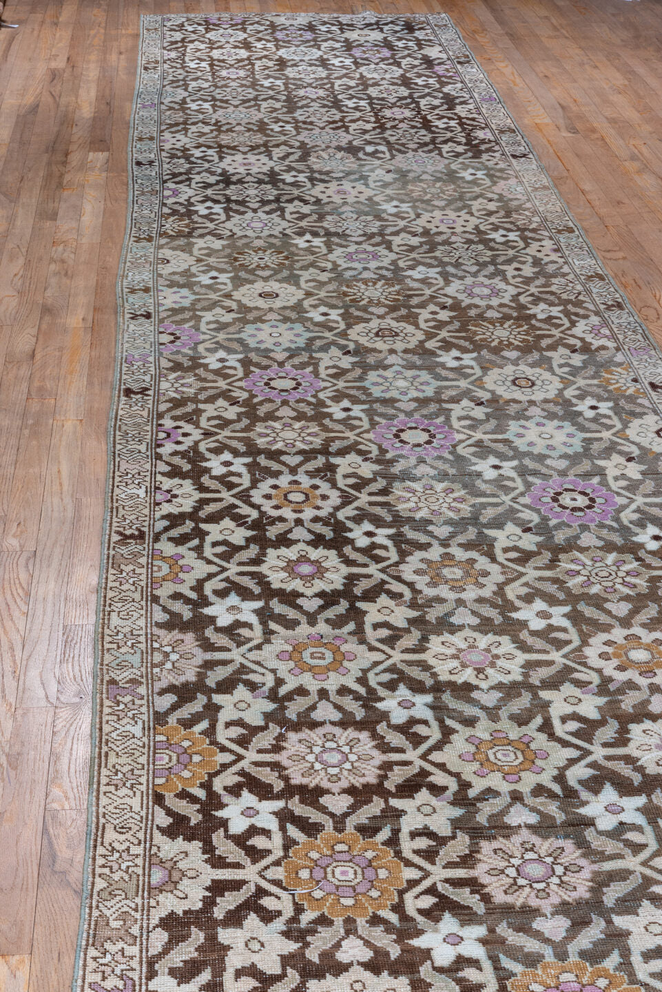 3' x 18' one-of-a-kind handmade vintage Karabagh runner rug. Color palette: ivory, brown, taupe, rose, lavender, gold, beige