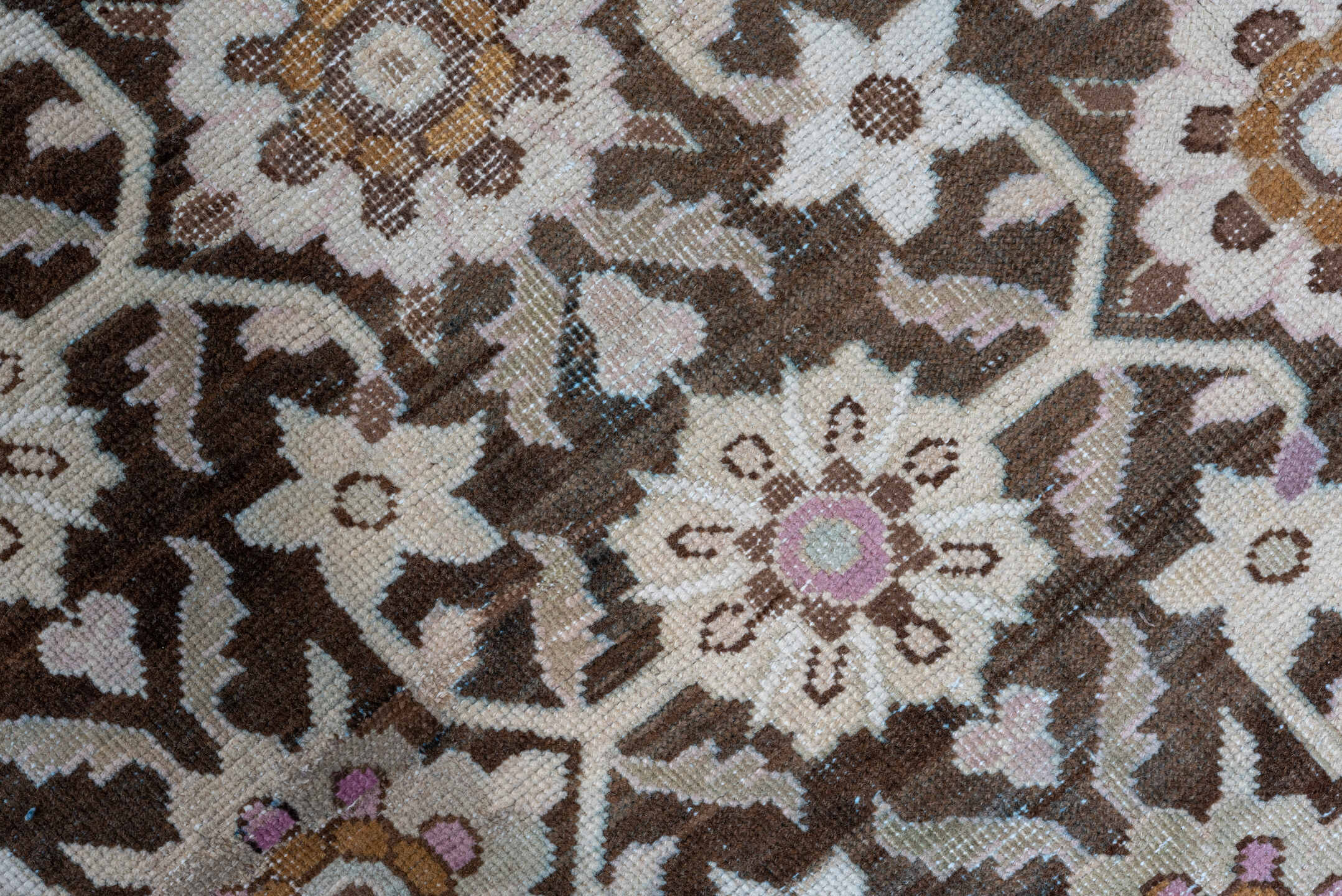 3' x 18' one-of-a-kind handmade vintage Karabagh runner rug. Color palette: ivory, brown, taupe, rose, lavender, gold, beige