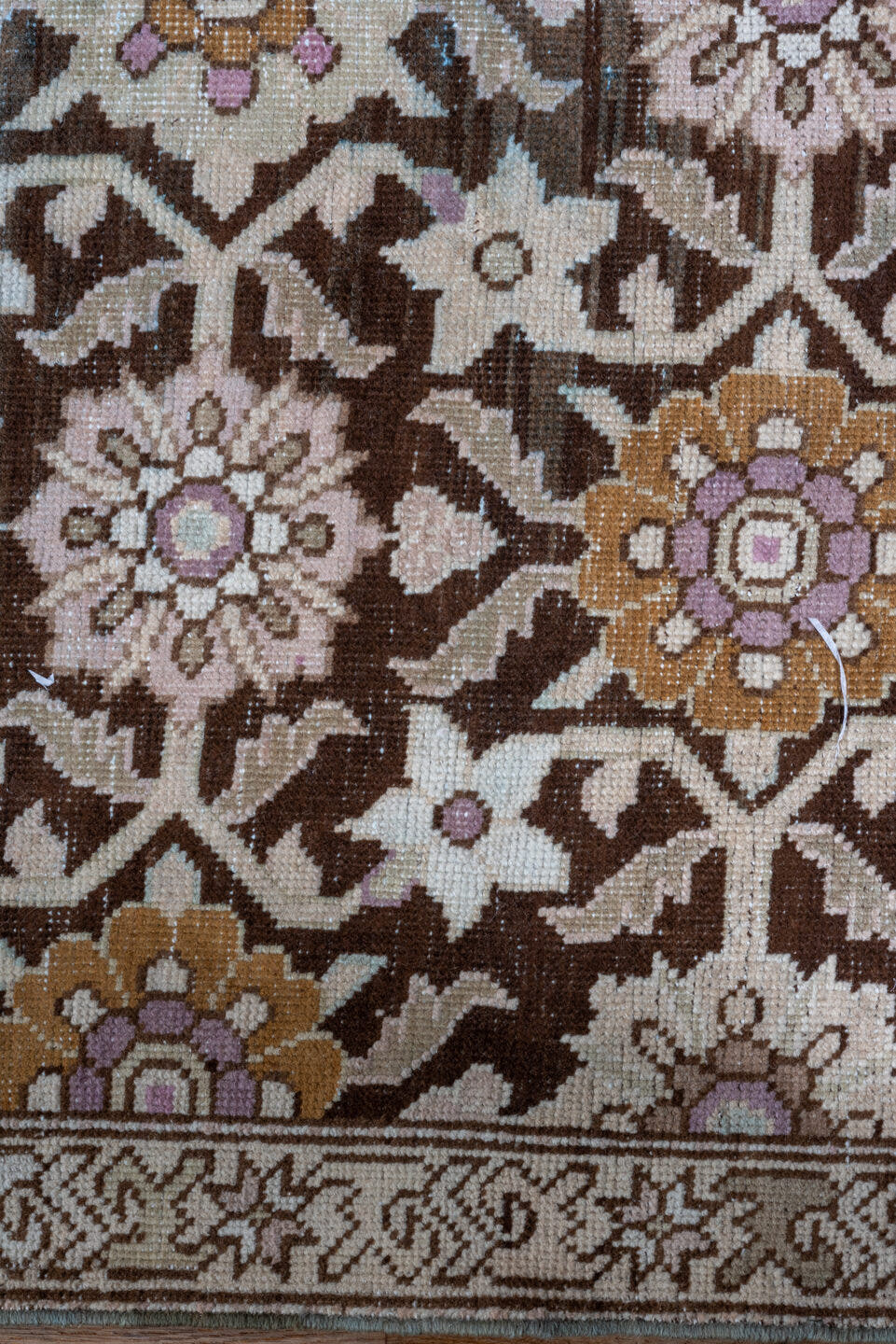 3' x 18' one-of-a-kind handmade vintage Karabagh runner rug. Color palette: ivory, brown, taupe, rose, lavender, gold, beige