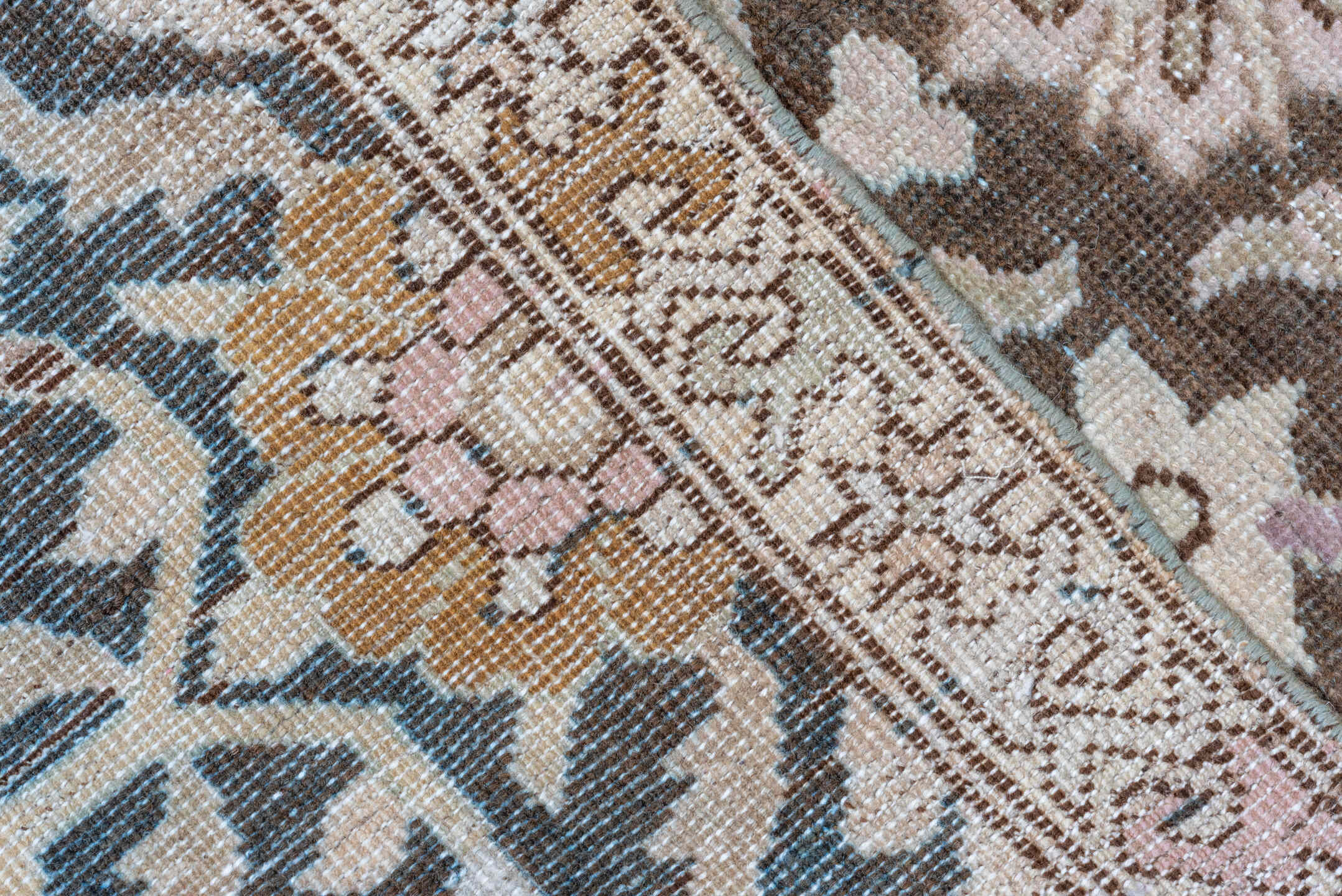 3' x 18' one-of-a-kind handmade vintage Karabagh runner rug. Color palette: ivory, brown, taupe, rose, lavender, gold, beige