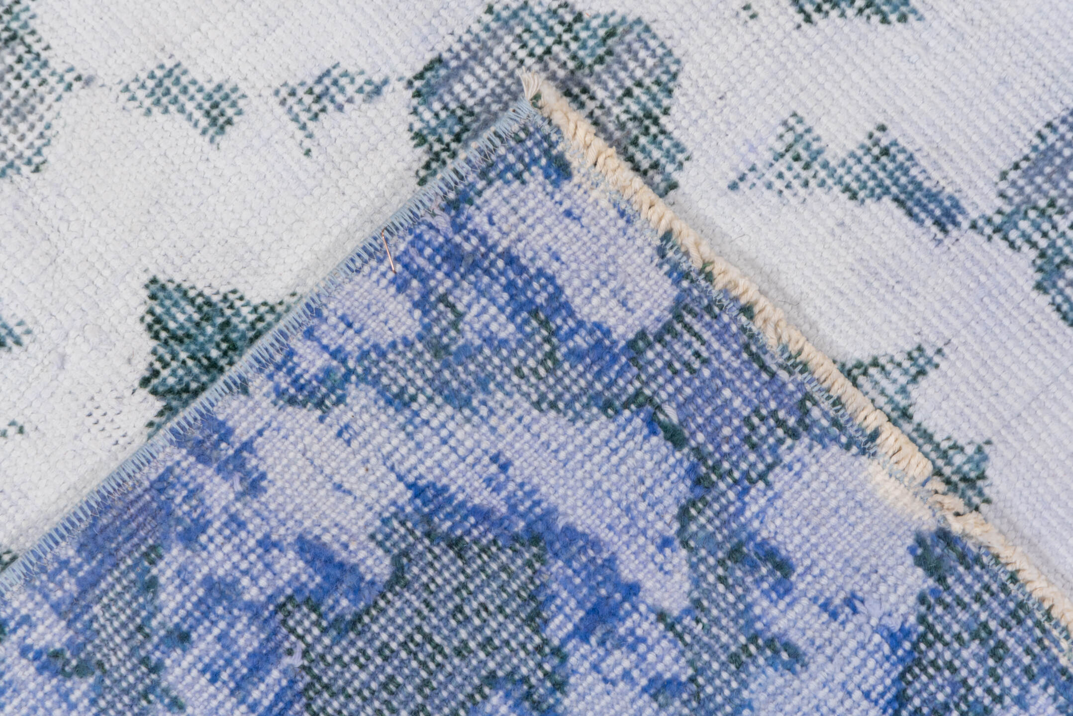 3' x 6' one-of-a-kind handmade vintage Oushak runner rug. Color palette: ivory, sky blue, slate, pale blue, light blue, gray