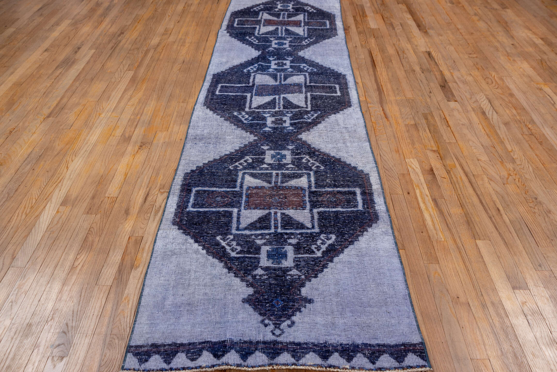 3' x 12' one-of-a-kind handmade vintage Oushak runner rug. Color palette: blue, gray, light blue, light gray, off-white