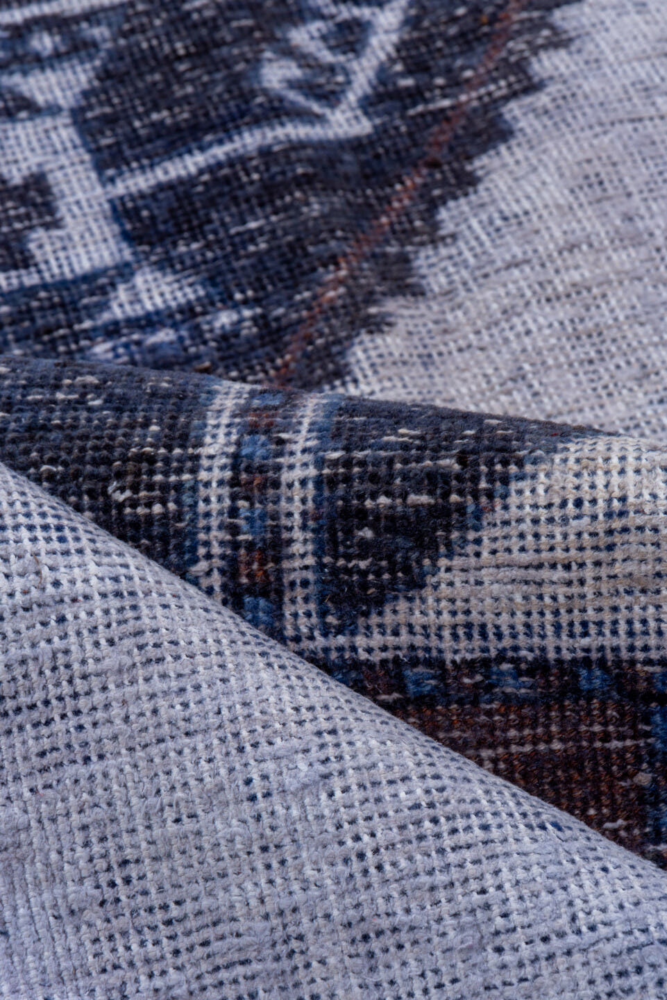 3' x 12' one-of-a-kind handmade vintage Oushak runner rug. Color palette: ivory, indigo, charcoal, slate, rust, purple, gray