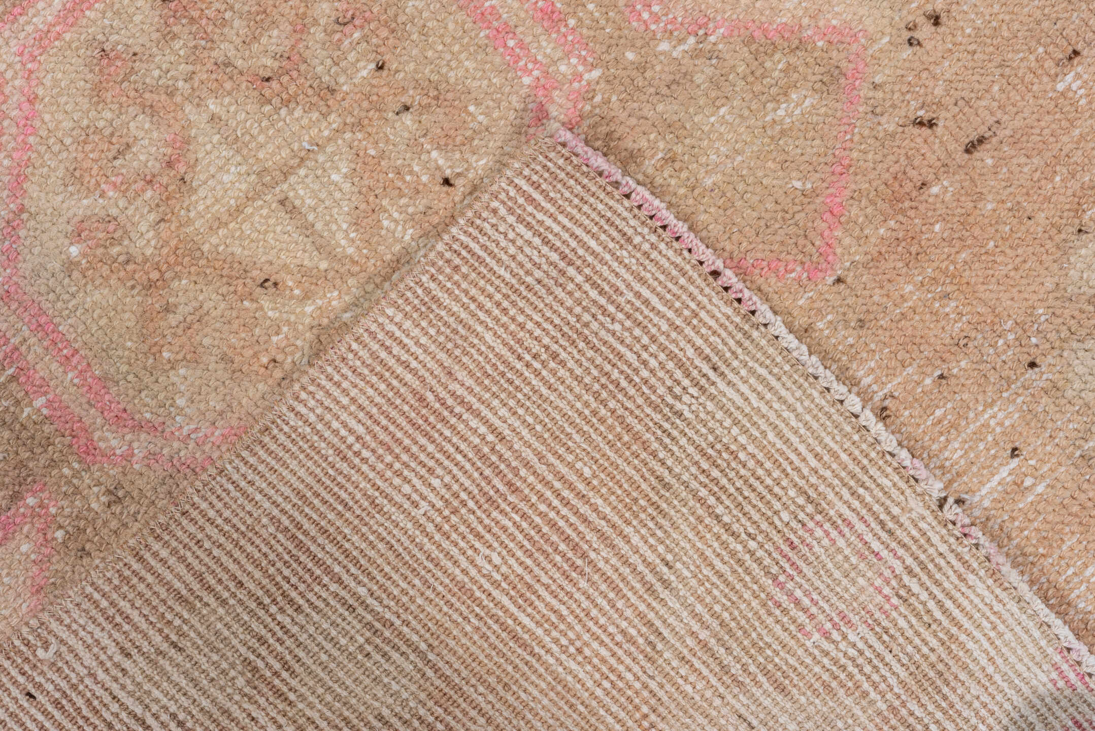 2' x 8' one-of-a-kind handmade vintage Oushak runner rug. Color palette: brown, light gray, off-white, orange, pink, snow