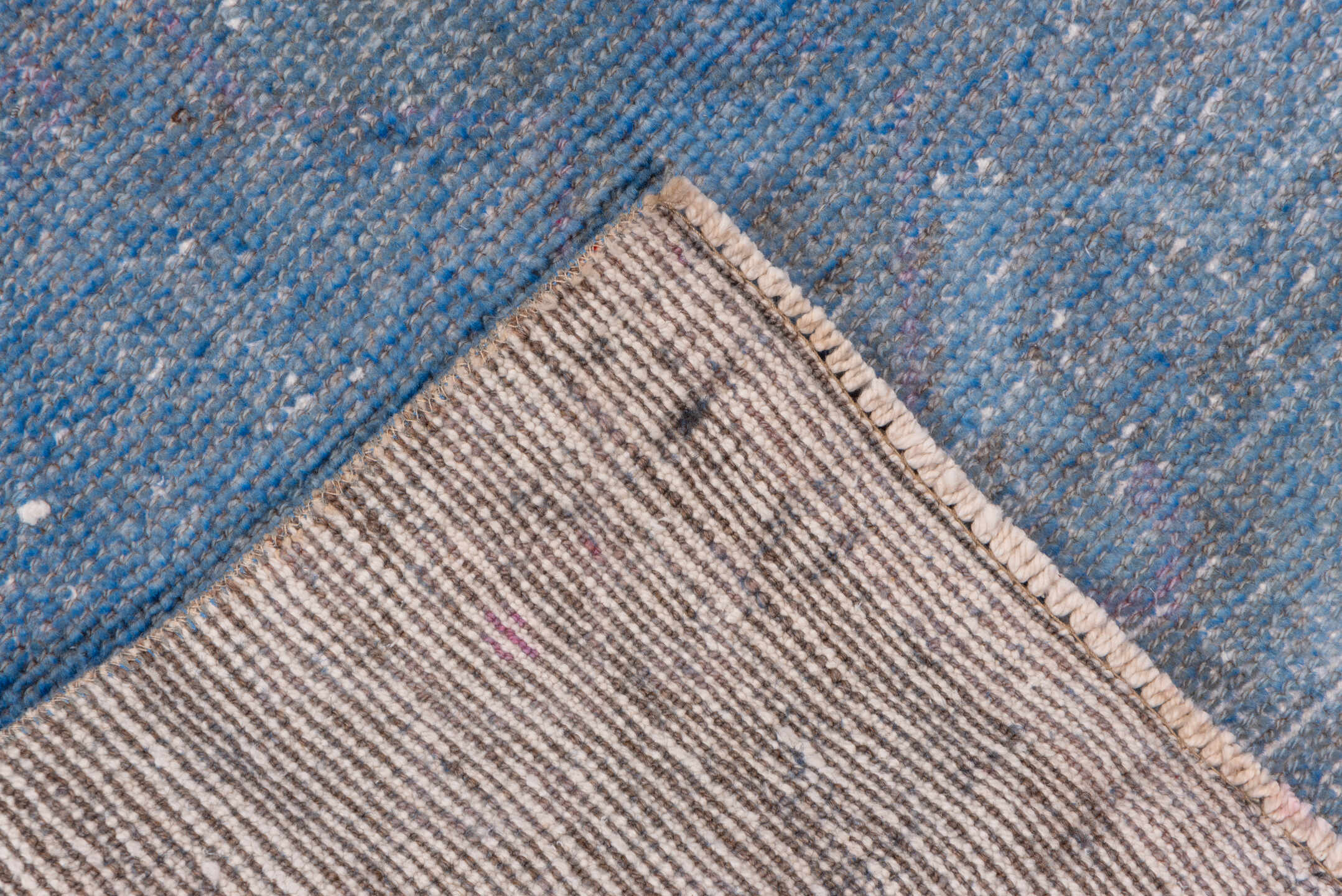 3' x 12' one-of-a-kind handmade vintage Overdyed runner rug. Color palette: blue, gray, light blue, light gray, off-white