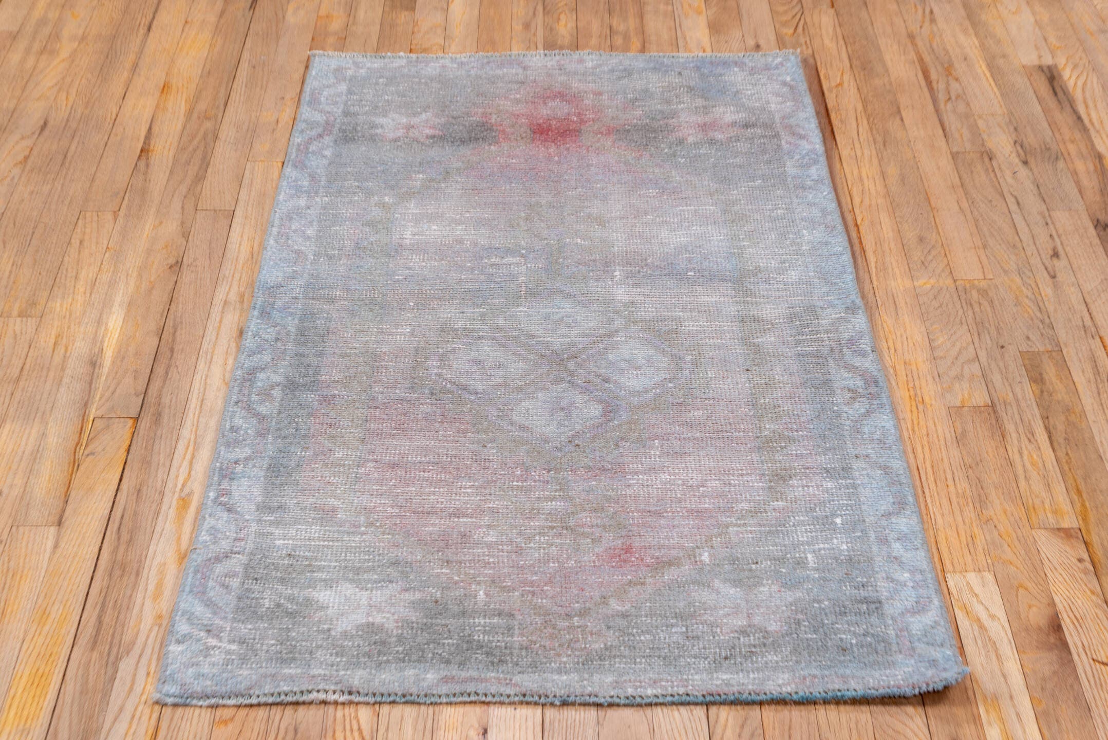 2' x 5' one-of-a-kind handmade vintage Oushak small size rug. Color palette: taupe, blush, gray, ivory, rose, beige, pink