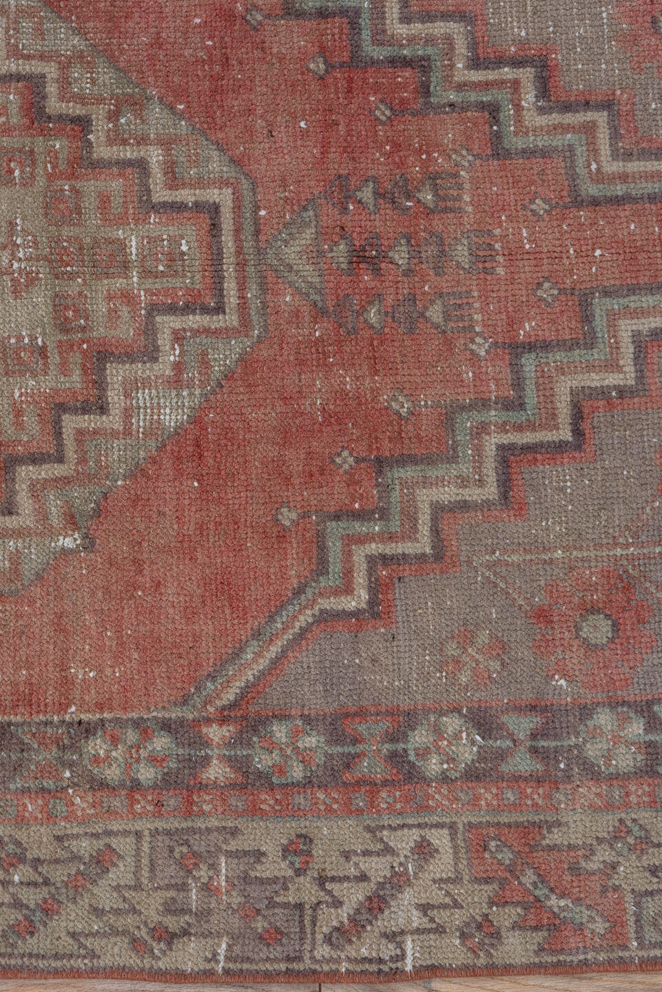 3' x 6' one-of-a-kind handmade vintage Oushak small size rug. Color palette: terra cotta, taupe, ivory, rose, rust, brown