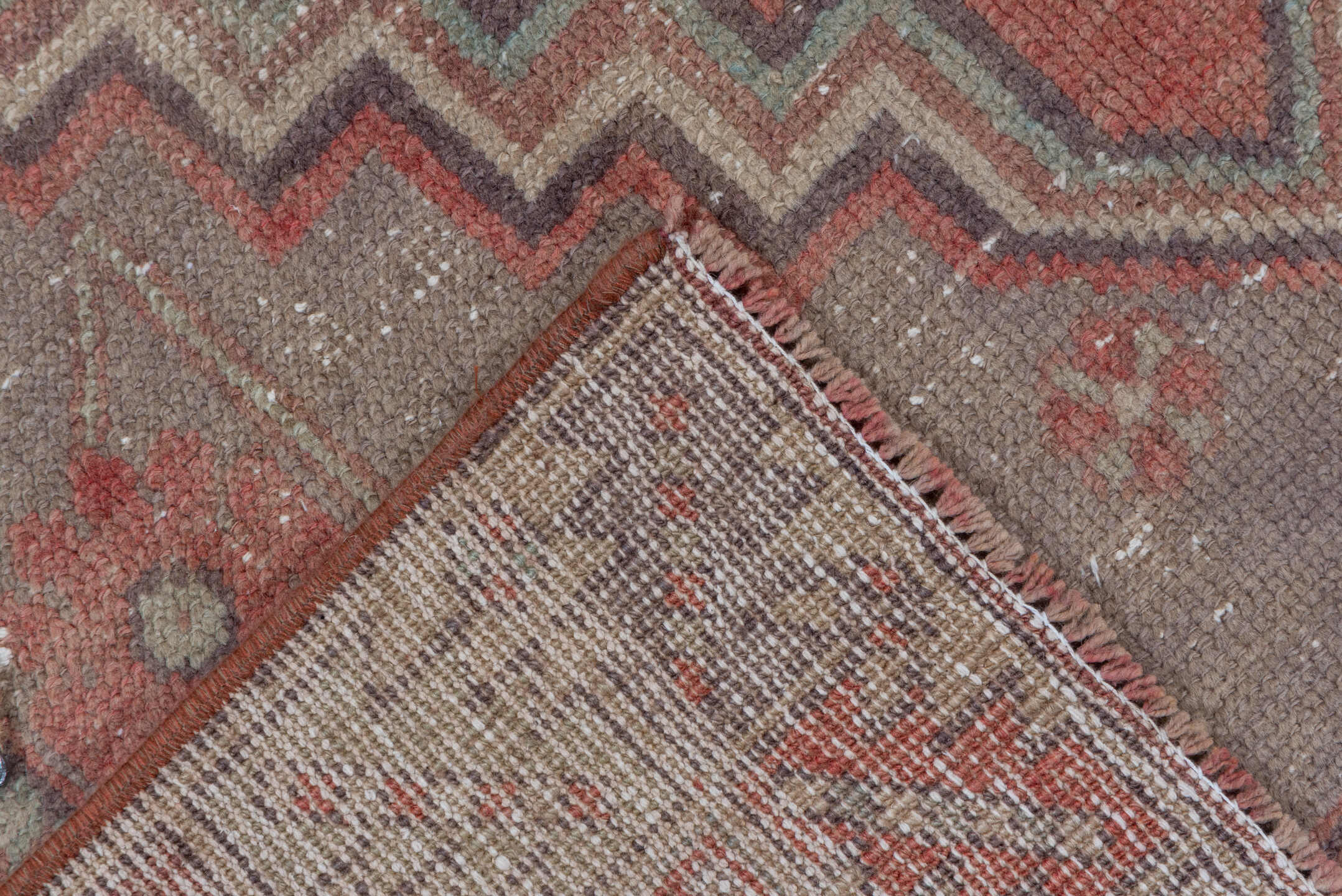 3' x 6' one-of-a-kind handmade vintage Oushak small size rug. Color palette: terra cotta, taupe, ivory, rose, rust, brown