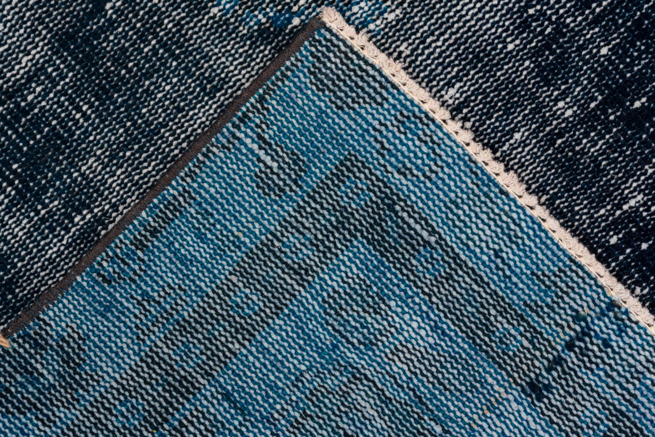 3' x 6' one-of-a-kind handmade vintage Overdyed small size rug. Color palette: arapawa, blue, gray, light blue, light gray