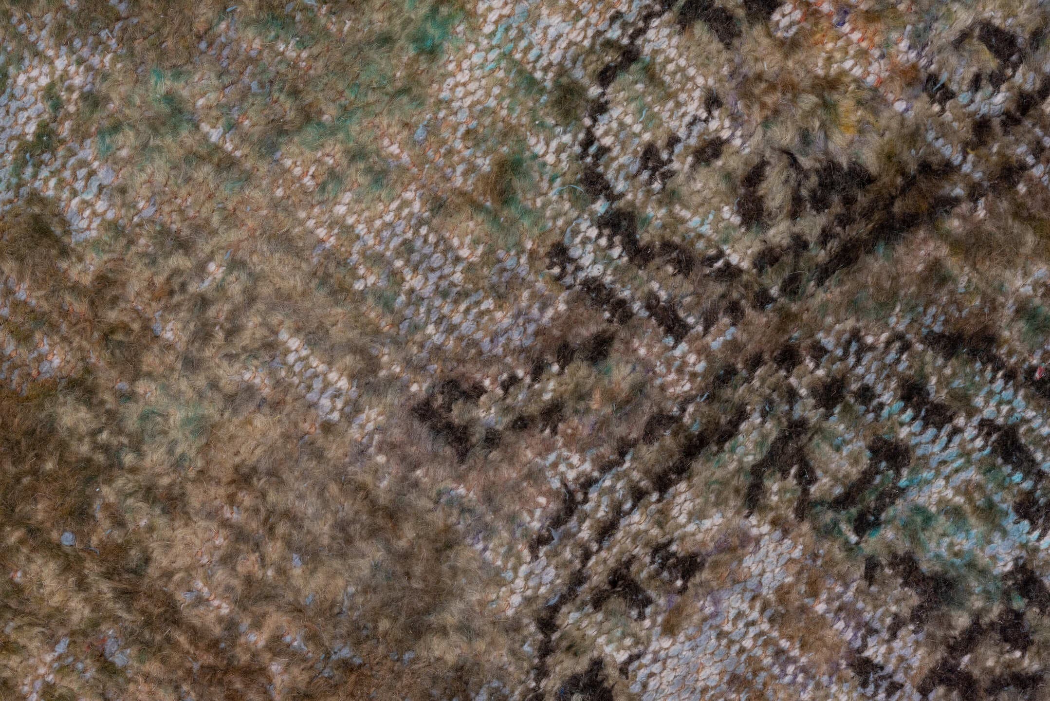 5' x 9' one-of-a-kind handmade vintage Overdyed medium size rug. Color palette: taupe, brown, aqua, sage, ivory, olive