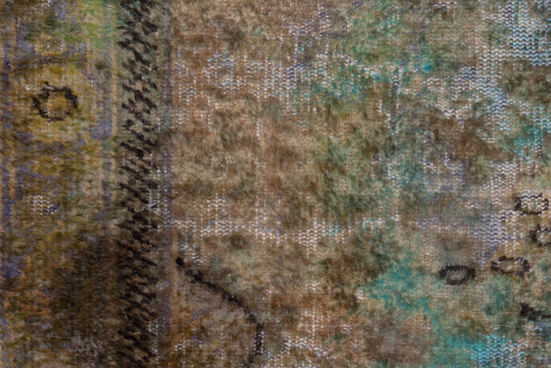 5' x 9' one-of-a-kind handmade vintage Overdyed medium size rug. Color palette: taupe, brown, aqua, sage, ivory, olive