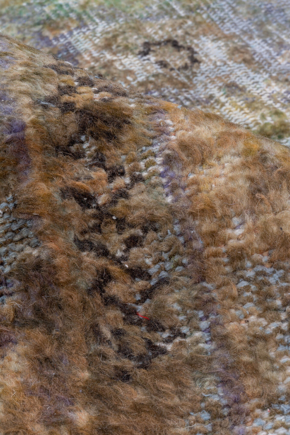 5' x 9' one-of-a-kind handmade vintage Overdyed medium size rug. Color palette: taupe, brown, aqua, sage, ivory, olive