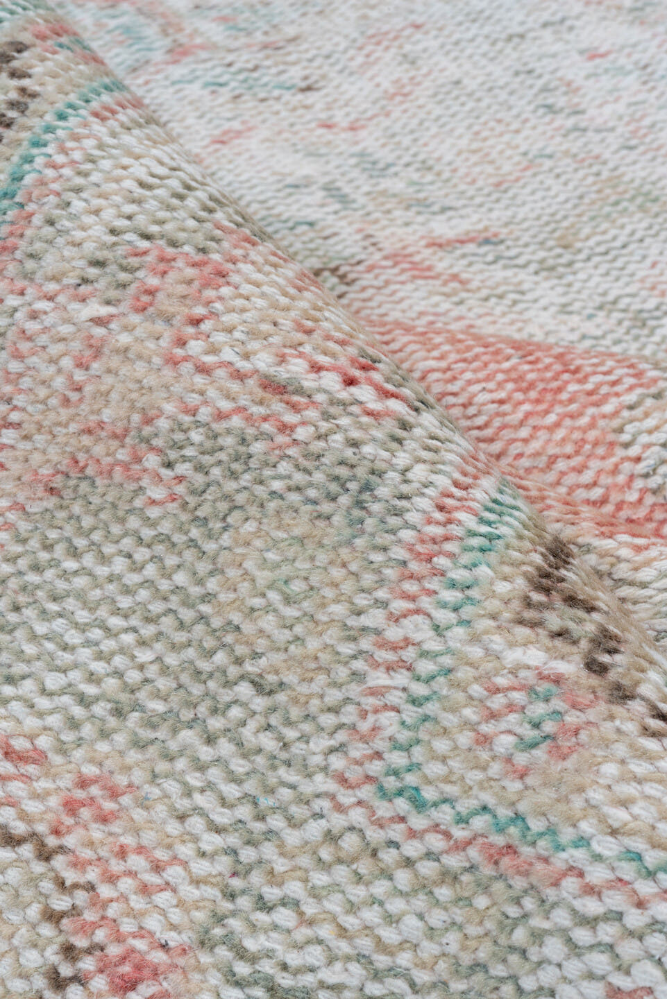 6' x 9' one-of-a-kind handmade vintage Oushak medium size rug. Color palette: blush, ivory, taupe, pale blue, sage, rose