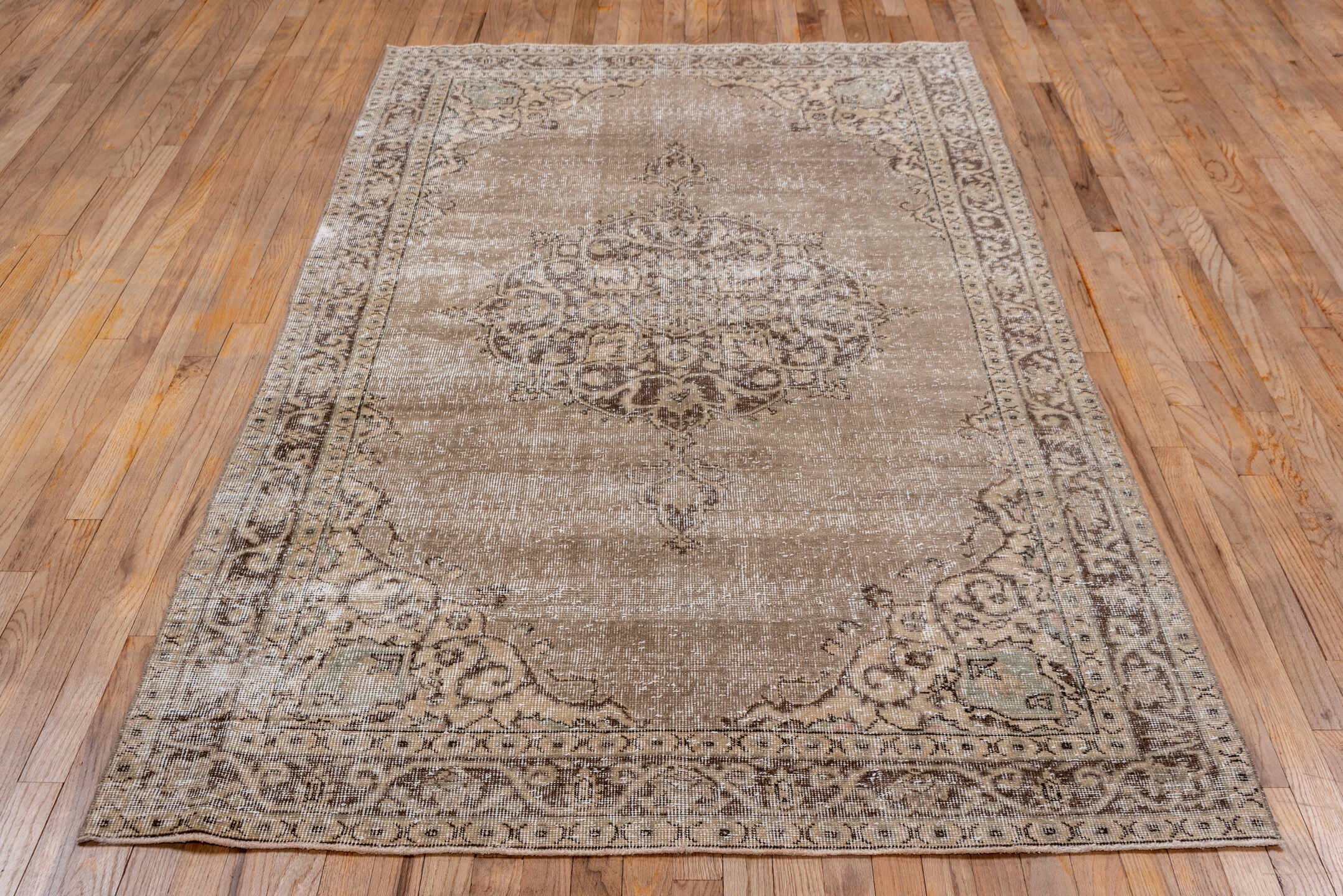 4' x 8' one-of-a-kind handmade vintage Oushak rug. Color palette: brown, gray, light gray, linen, off-white, pink