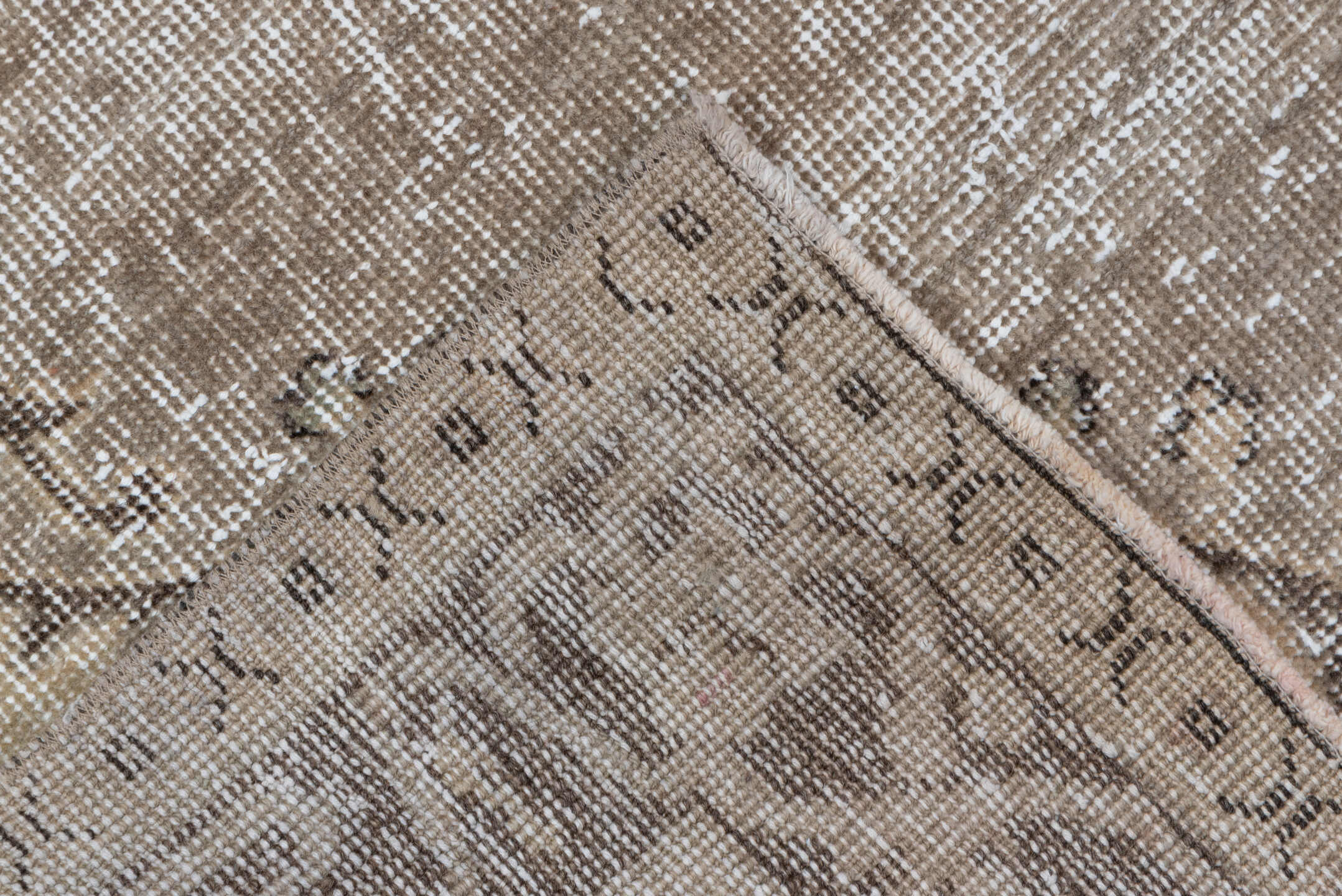 4' x 8' one-of-a-kind handmade vintage Oushak rug. Color palette: brown, gray, light gray, linen, off-white, pink